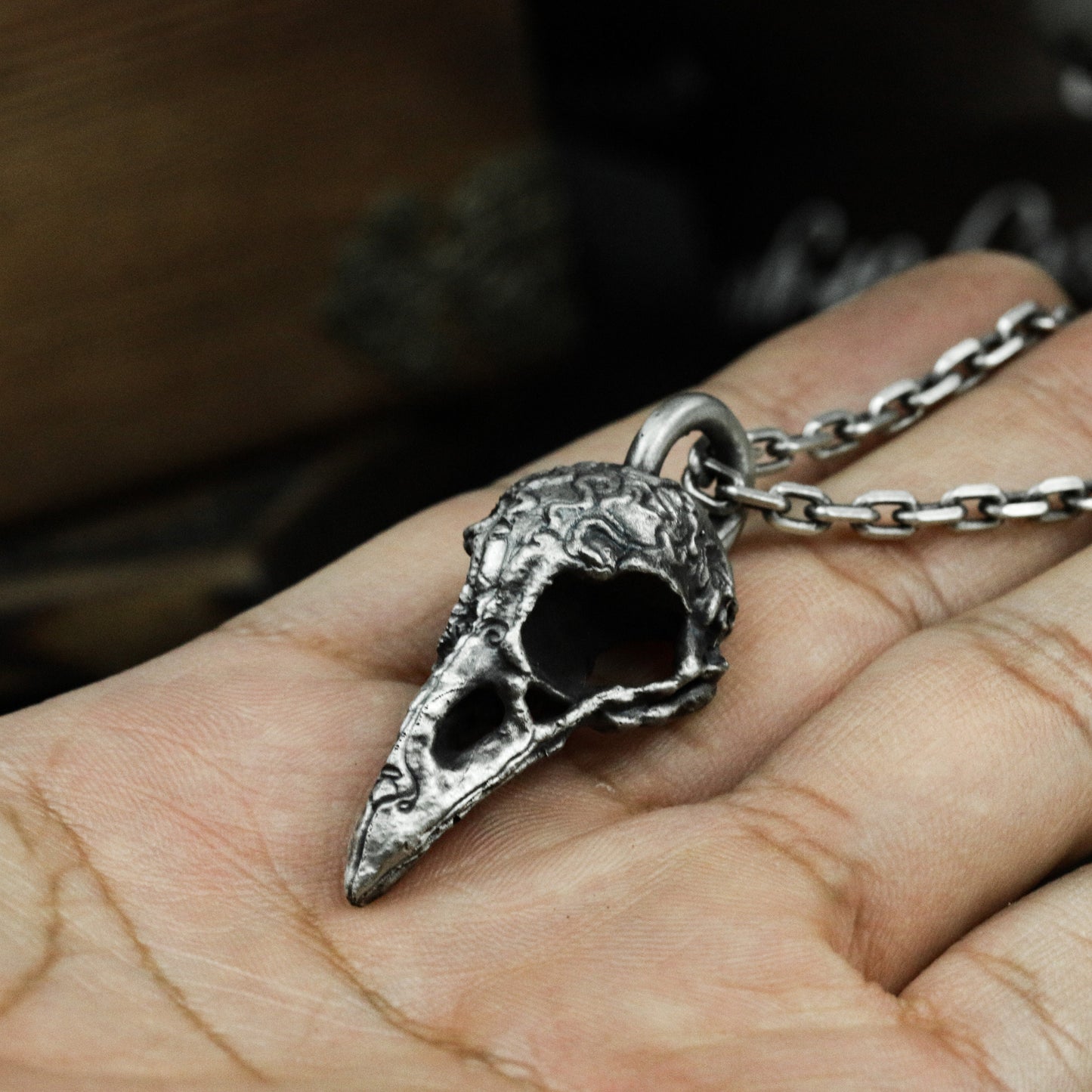 Bird Skull Pendant with Carved Details ¨C 925 Sterling Silver Handmade