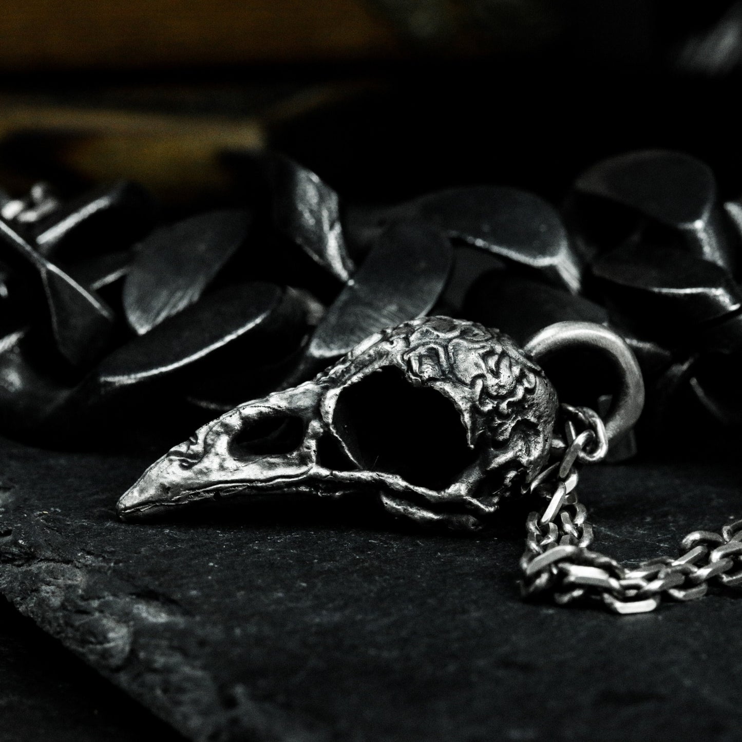 Bird Skull Pendant with Carved Details ¨C 925 Sterling Silver Handmade