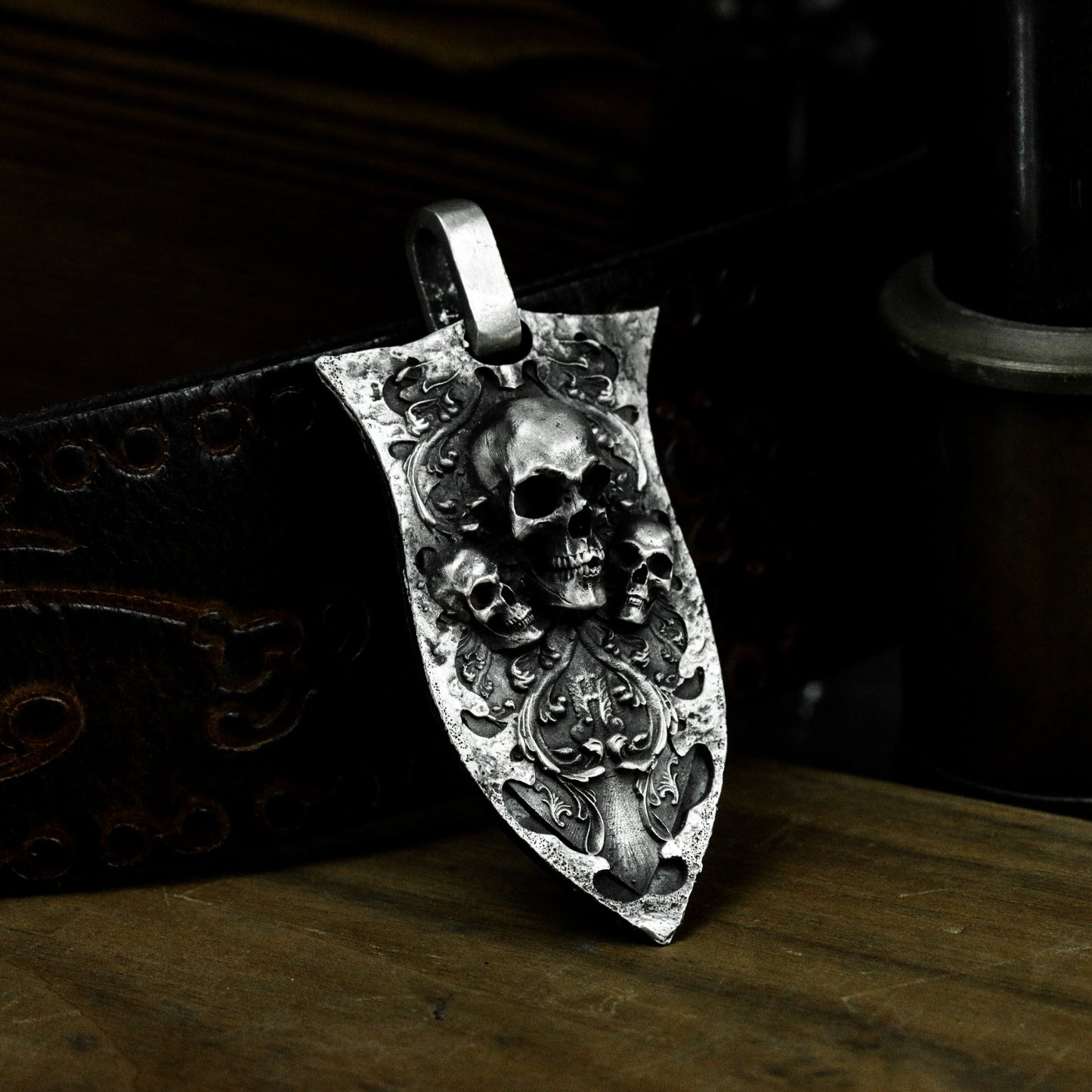 Ornate Shield Skull Pendant ¨C Handmade 925 Silver Gothic Crest Necklace