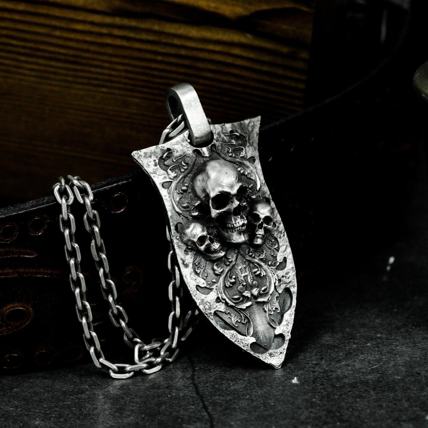 Ornate Shield Skull Pendant ¨C Handmade 925 Silver Gothic Crest Necklace