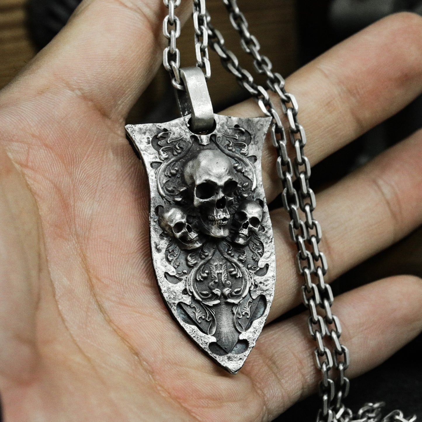 Ornate Shield Skull Pendant ¨C Handmade 925 Silver Gothic Crest Necklace