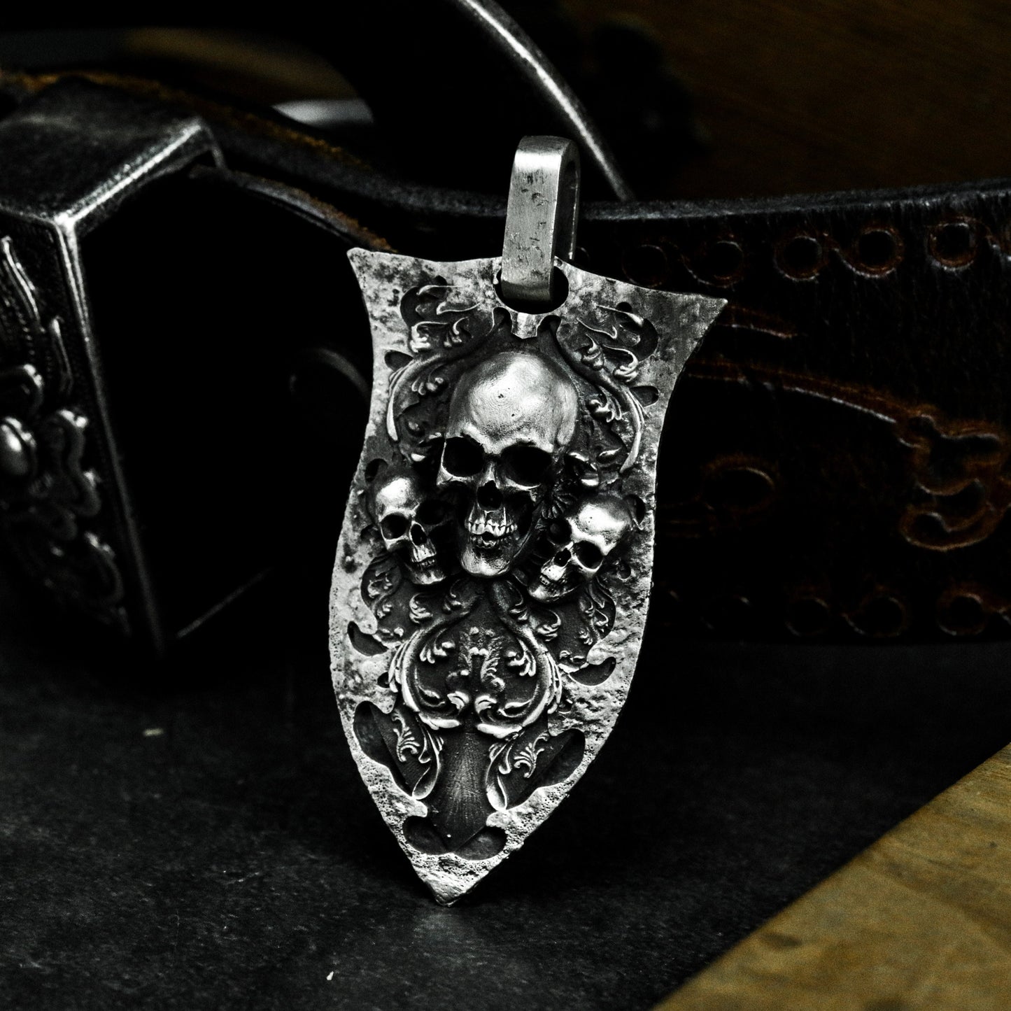 Ornate Shield Skull Pendant ¨C Handmade 925 Silver Gothic Crest Necklace
