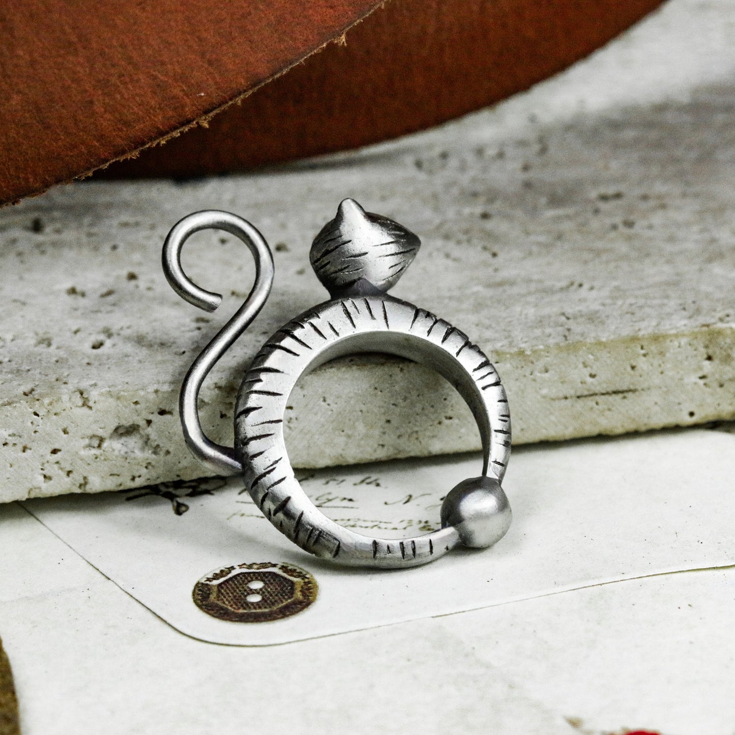 Coiled Cat in Ring Pendant ¨C 925 Sterling Silver Handmade