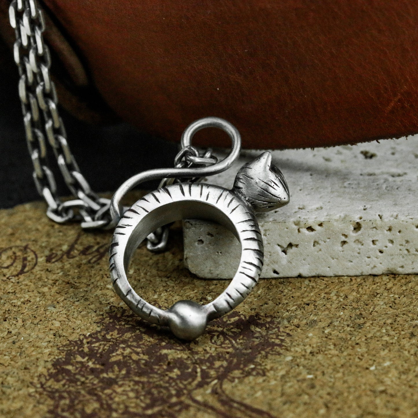 Coiled Cat in Ring Pendant ¨C 925 Sterling Silver Handmade