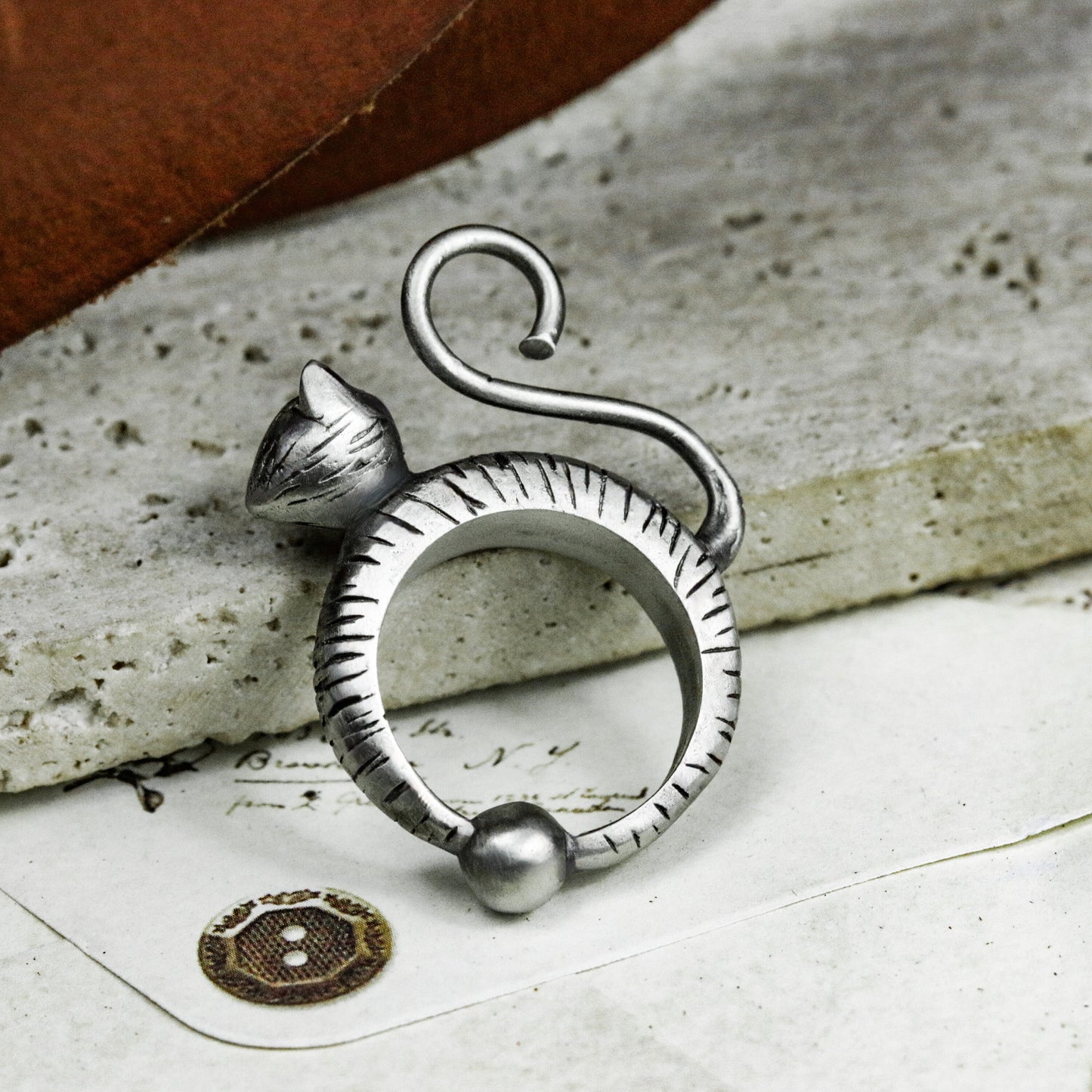 Coiled Cat in Ring Pendant ¨C 925 Sterling Silver Handmade