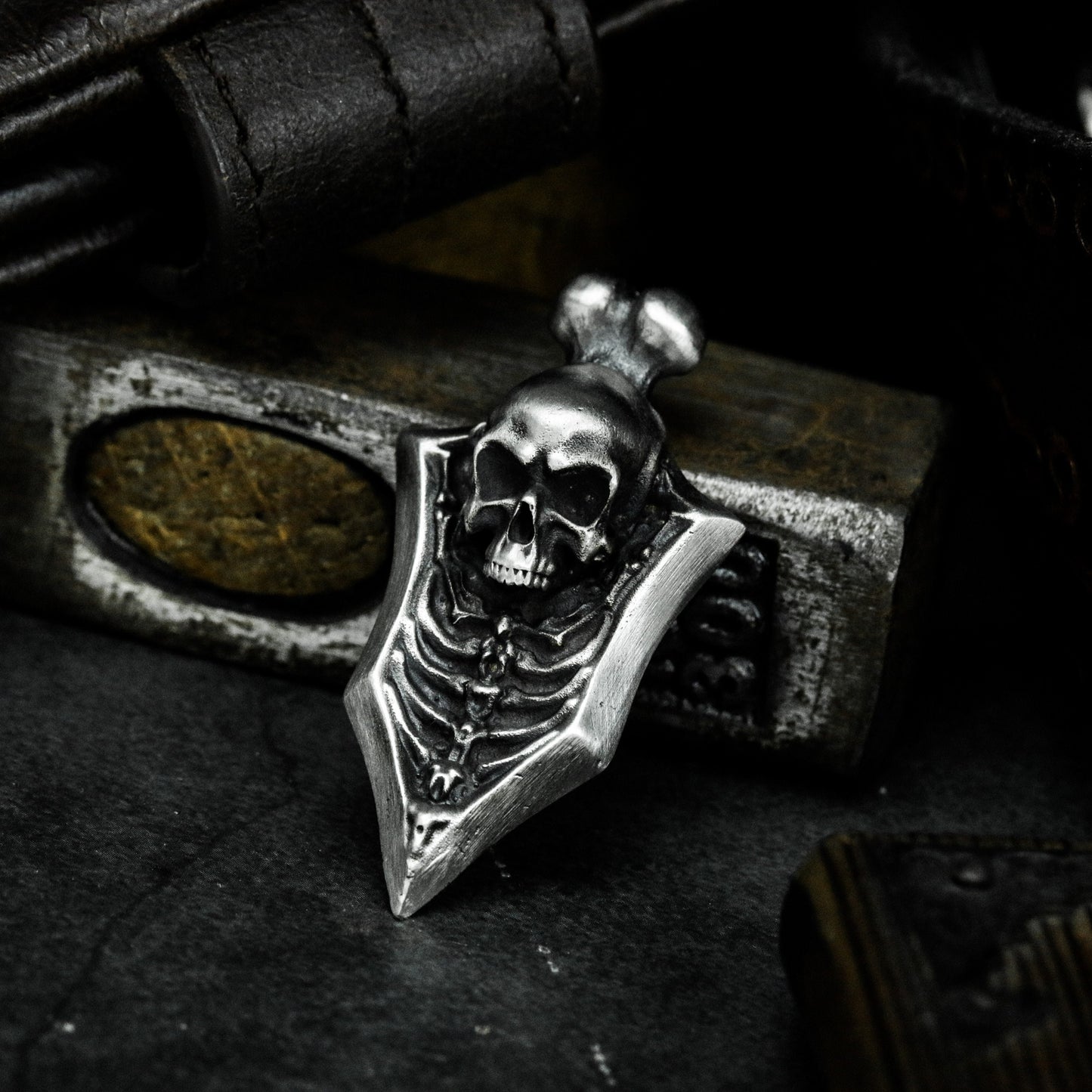 Blade Shield Skull Pendant ¨C Handmade 925 Silver Dark Armor Necklace