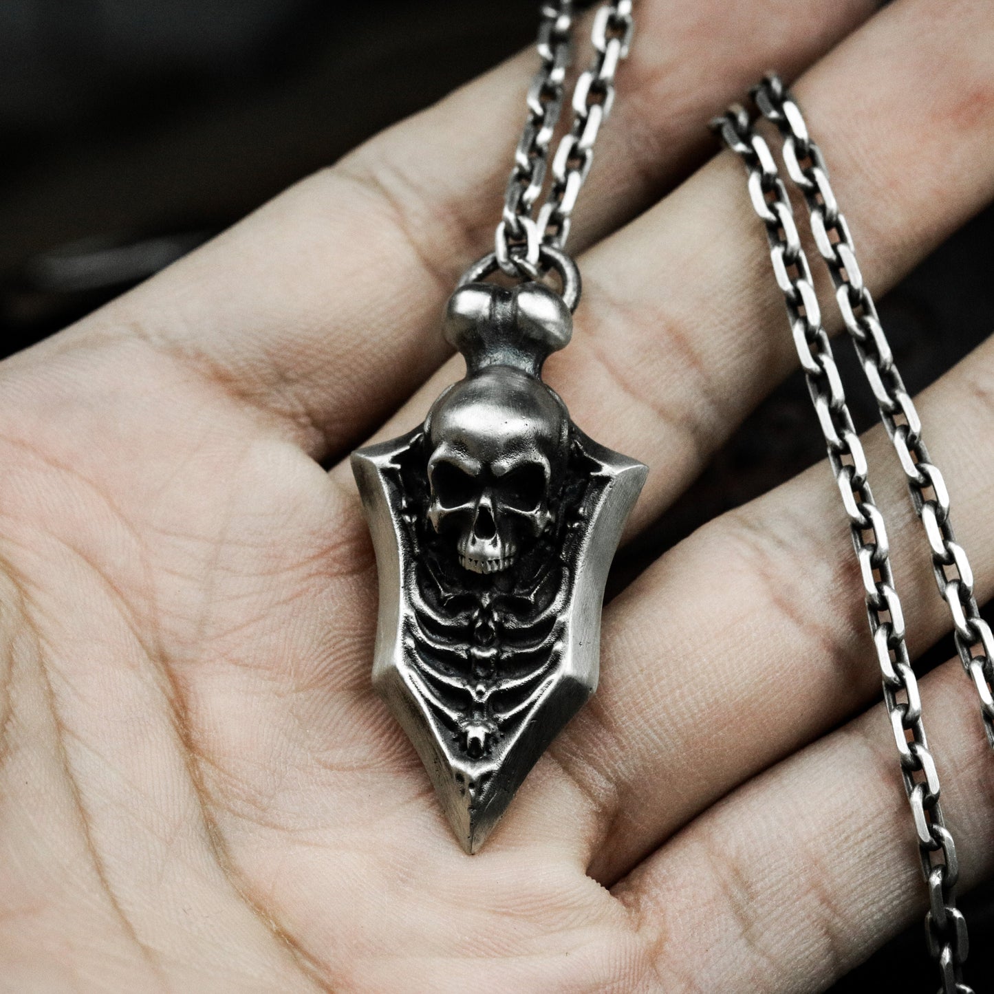 Blade Shield Skull Pendant ¨C Handmade 925 Silver Dark Armor Necklace