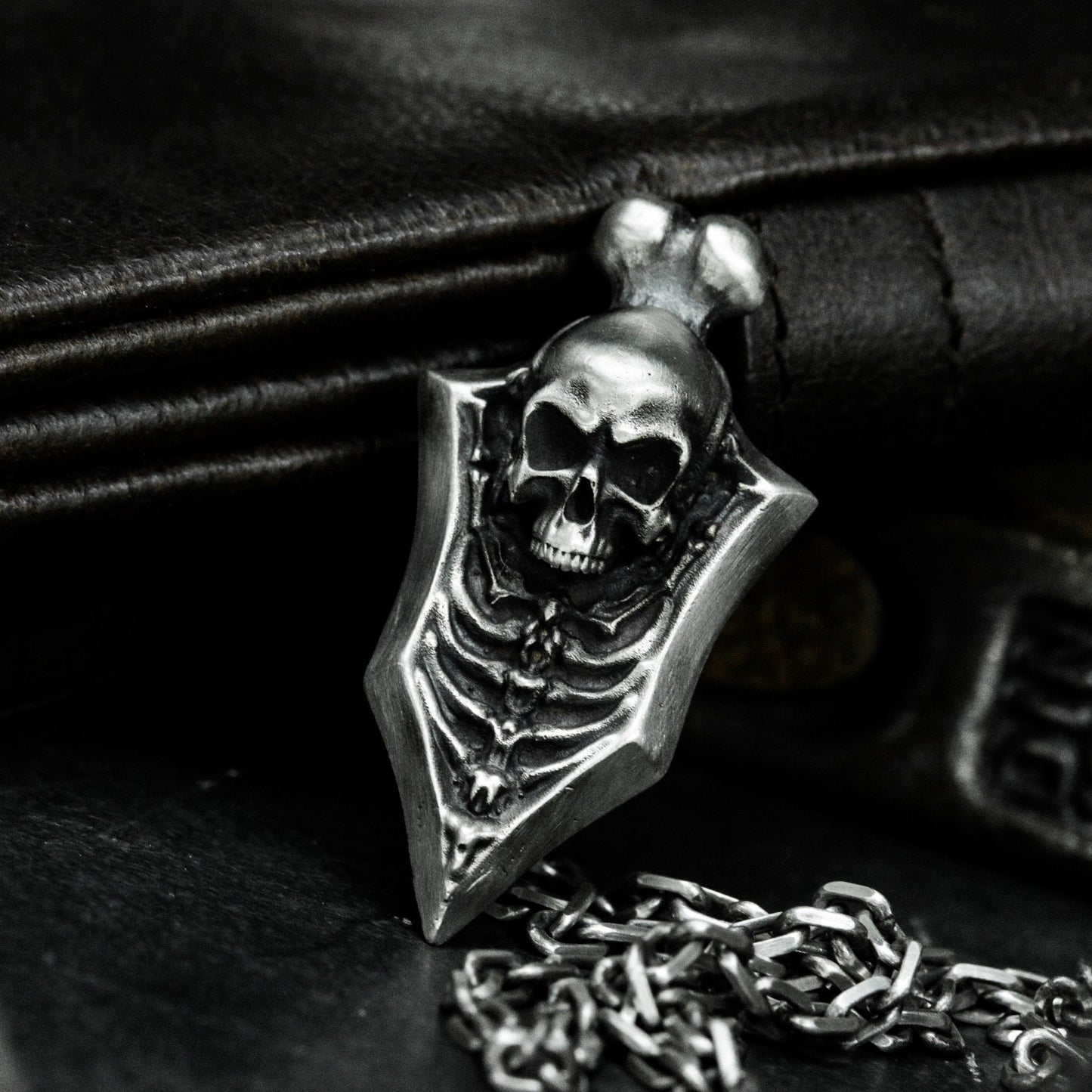 Blade Shield Skull Pendant ¨C Handmade 925 Silver Dark Armor Necklace