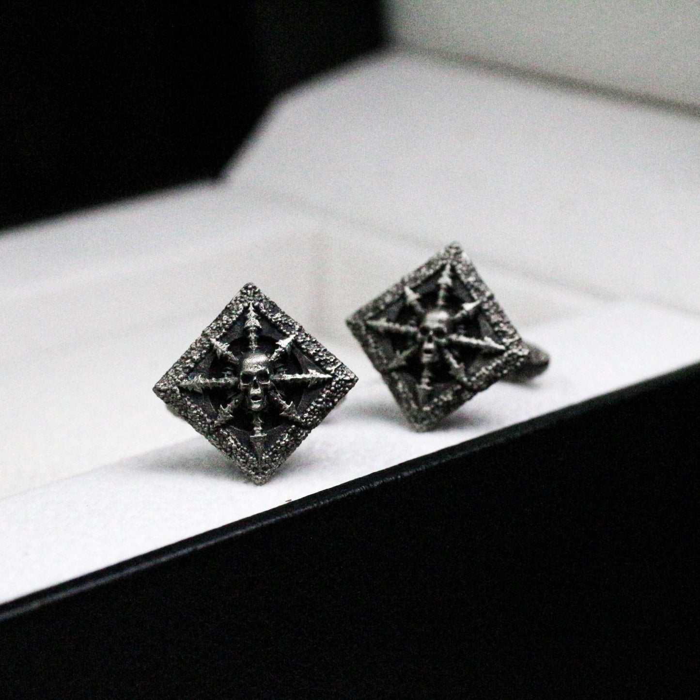 Skull and Spikes Square Cufflinks, 925 Silver Handmade
