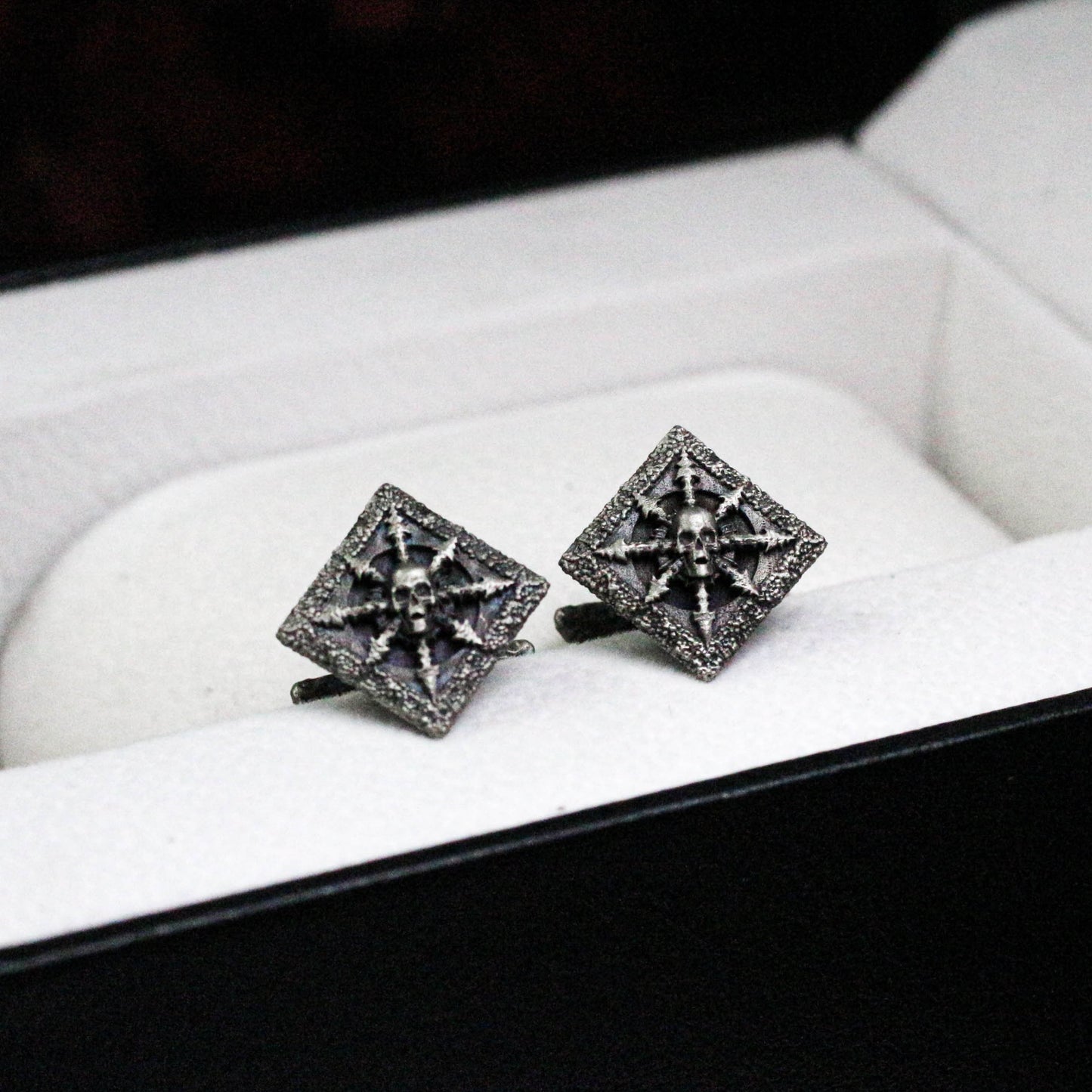 Skull and Spikes Square Cufflinks, 925 Silver Handmade