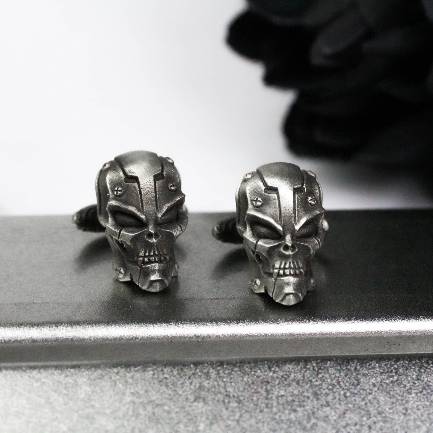 Mechanical Skull Cufflinks, Futuristic Warrior - 925 Sterling Silver Handmade