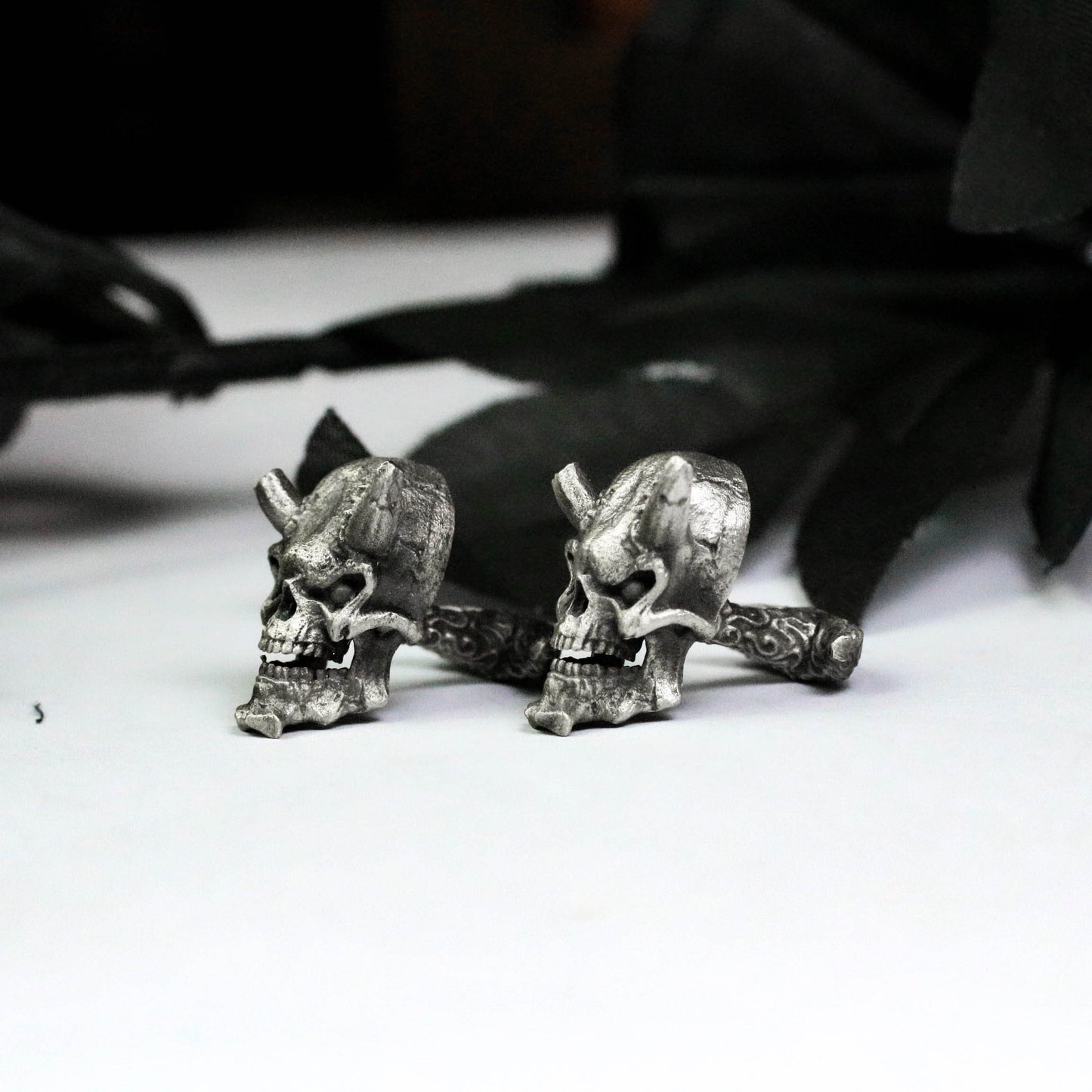 Battle Damaged Ghost Face Cufflinks, Broken Horn Skull - 925 Sterling Silver Handmade