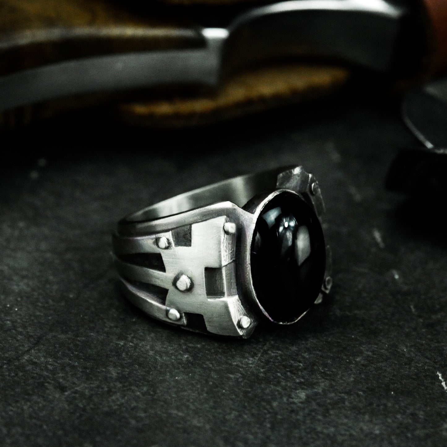 Obsidian Warrior Ring ¨C 925 Sterling Silver Handmade