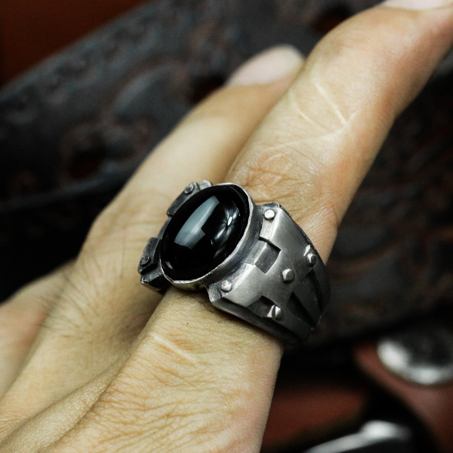 Obsidian Warrior Ring ¨C 925 Sterling Silver Handmade