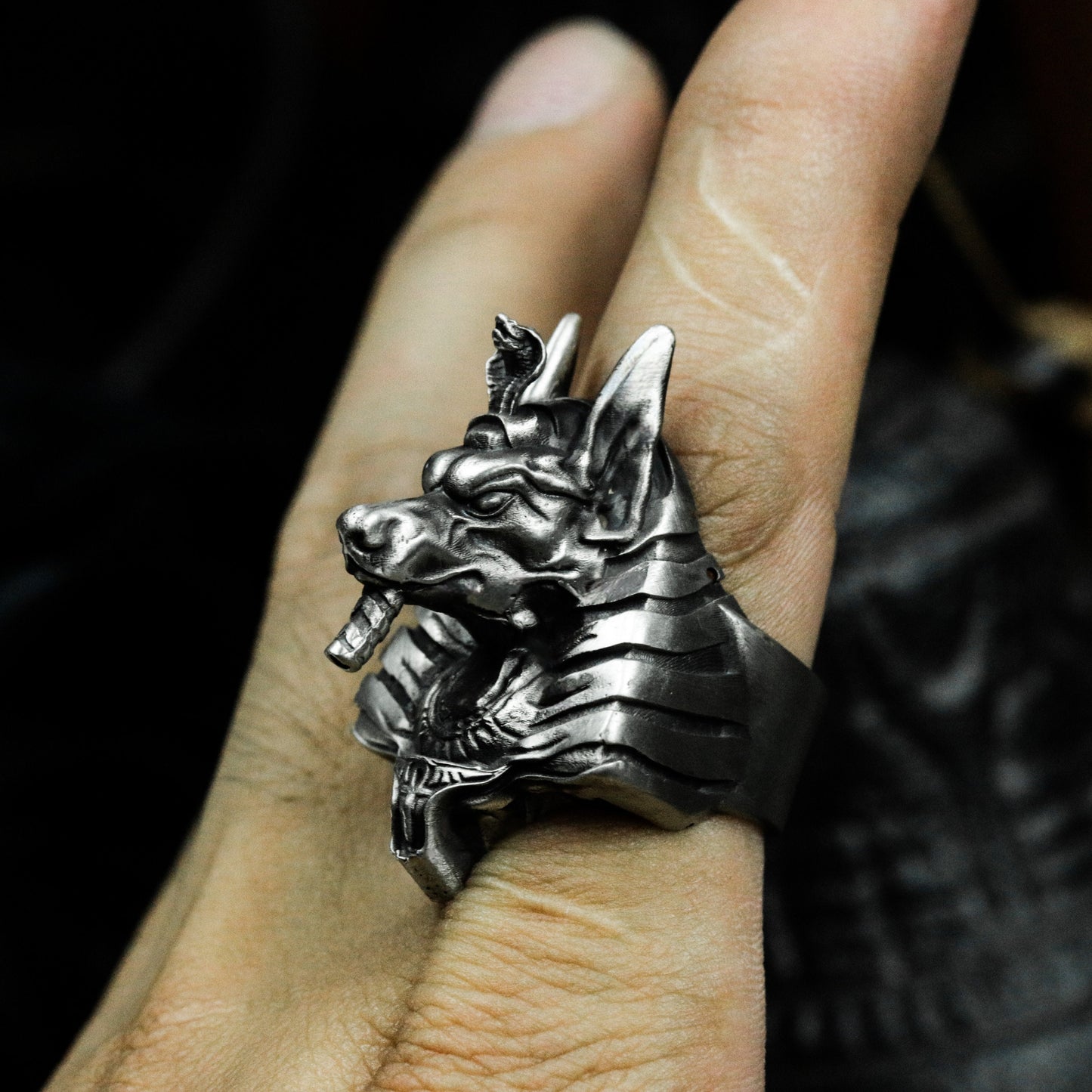 Anubis Ring with Cyber Armor Design - 925 Sterling Silver Handmade