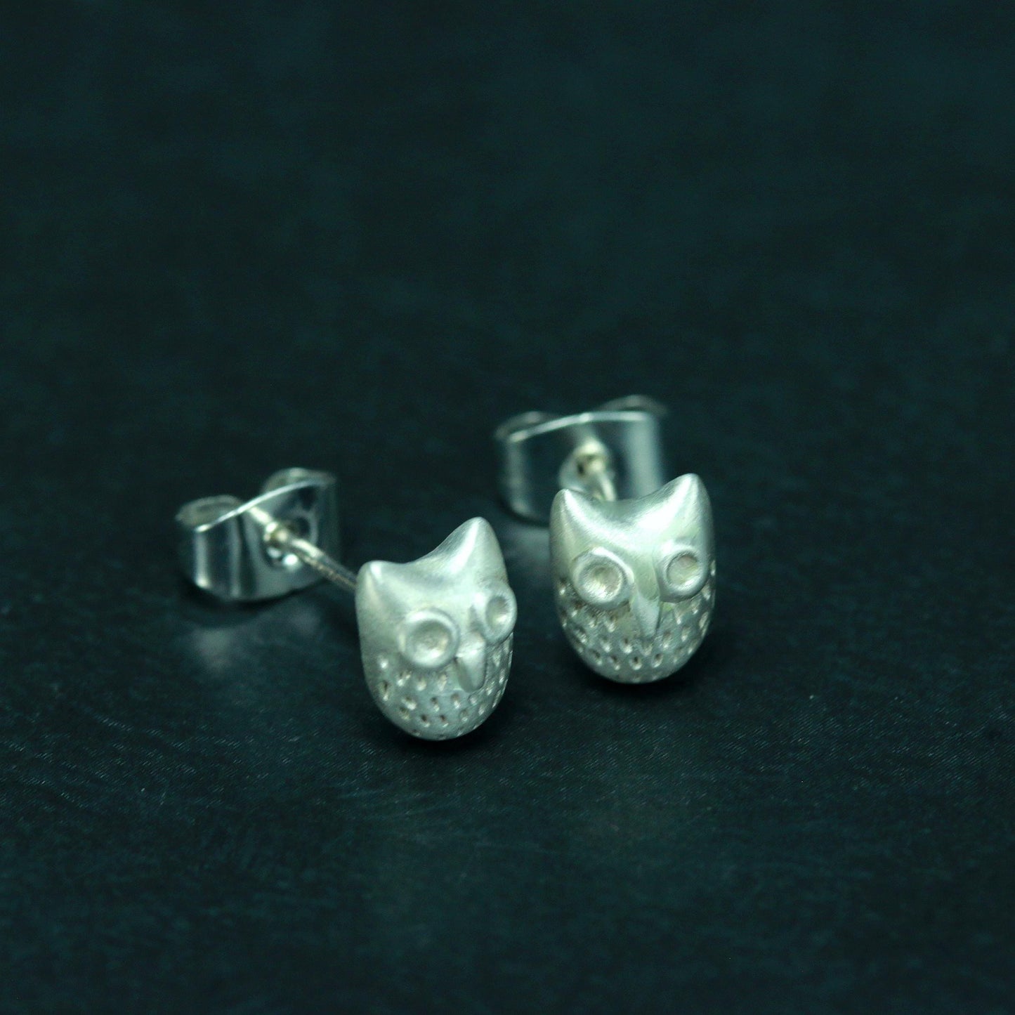 Owl Face Stud Earrings - 925 Sterling Silver Handmade