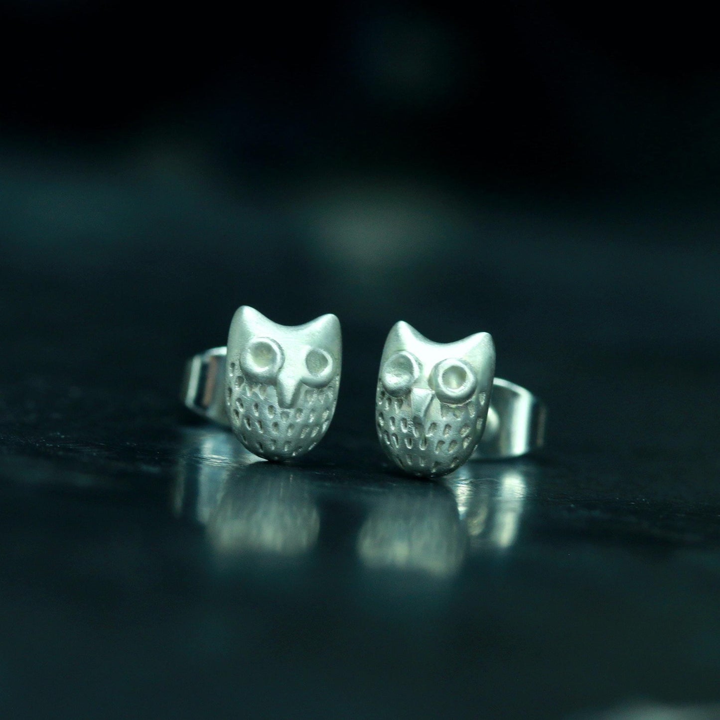 Owl Face Stud Earrings - 925 Sterling Silver Handmade