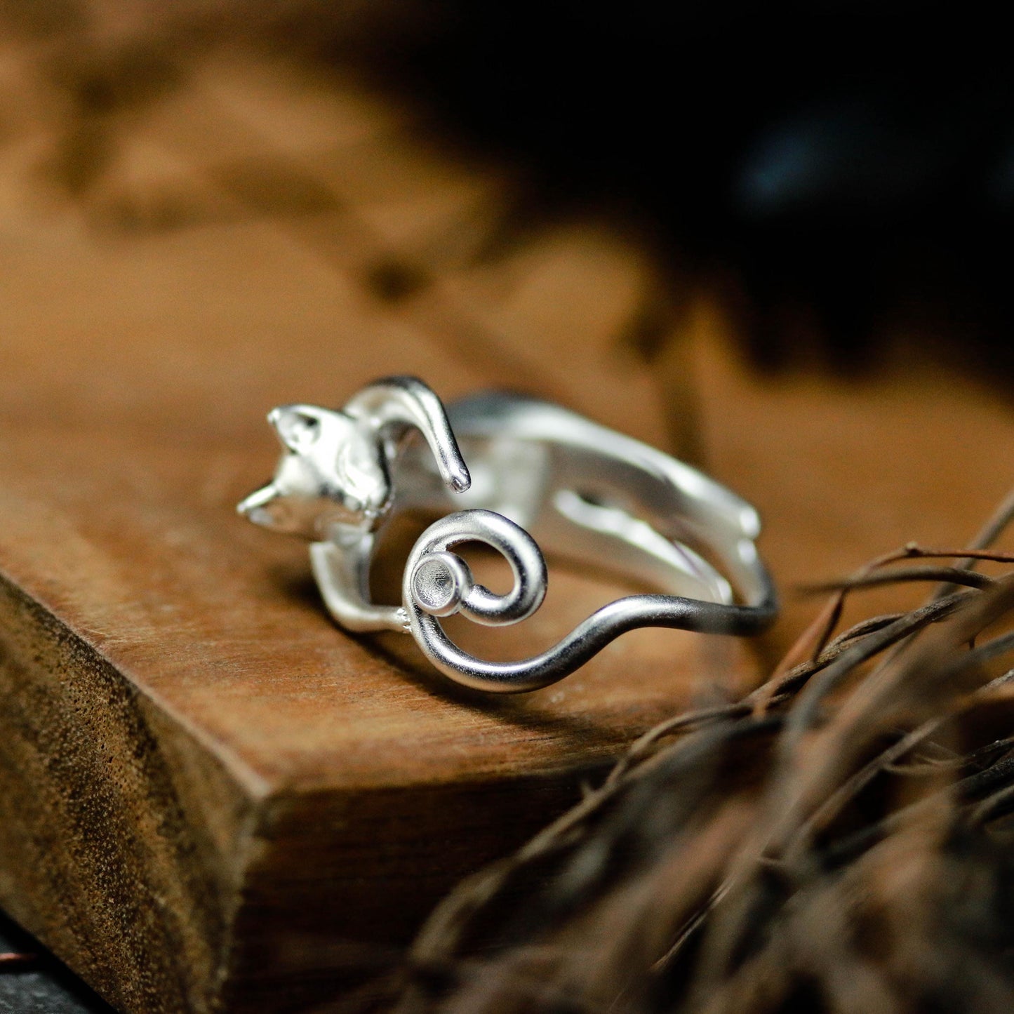 Sleeping Cat Curl Ring ââ‚?925 Sterling Silver Handmade Whimsical Animal Jewelry