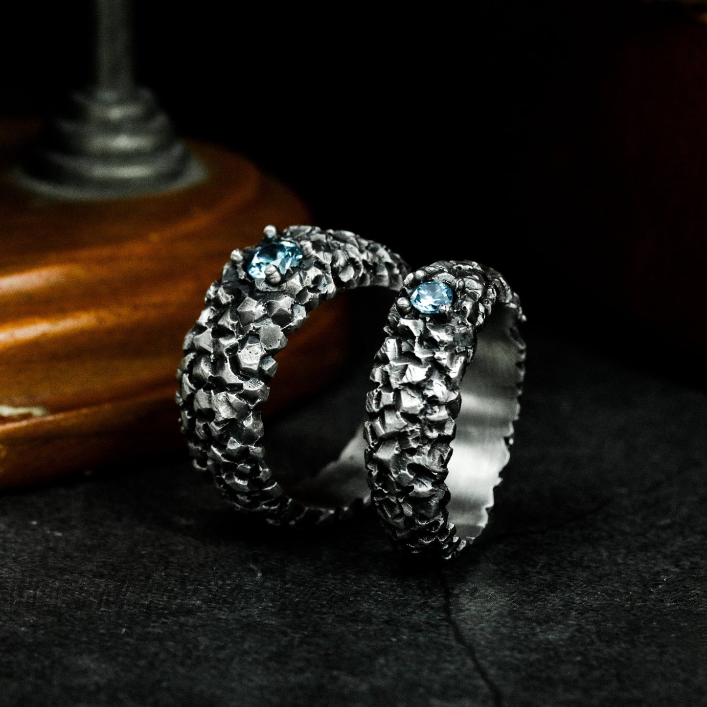 Dragon Scale Couple Rings with Blue Gemstones - 925 Sterling Silver Handmade