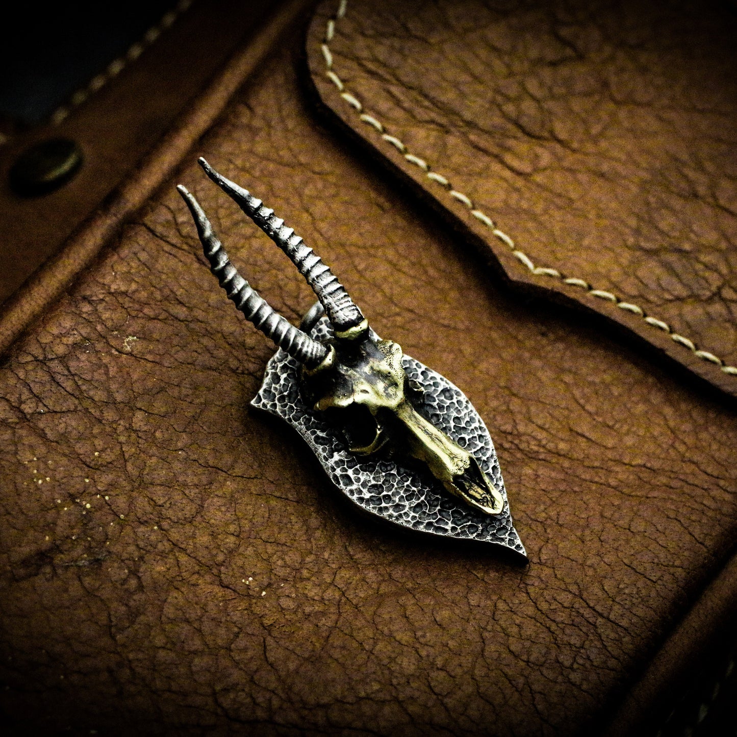 Ram Skull Shield Pendant with Golden Accent - 925 Sterling Silver Handmade