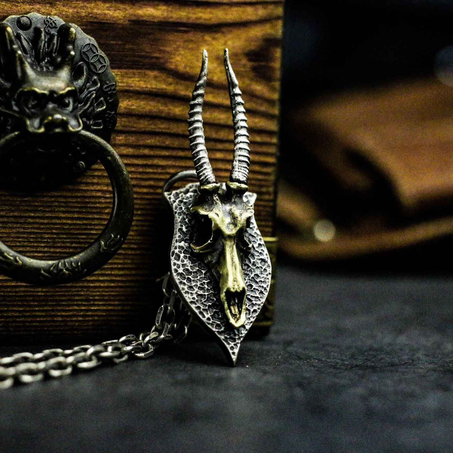 Ram Skull Shield Pendant with Golden Accent - 925 Sterling Silver Handmade