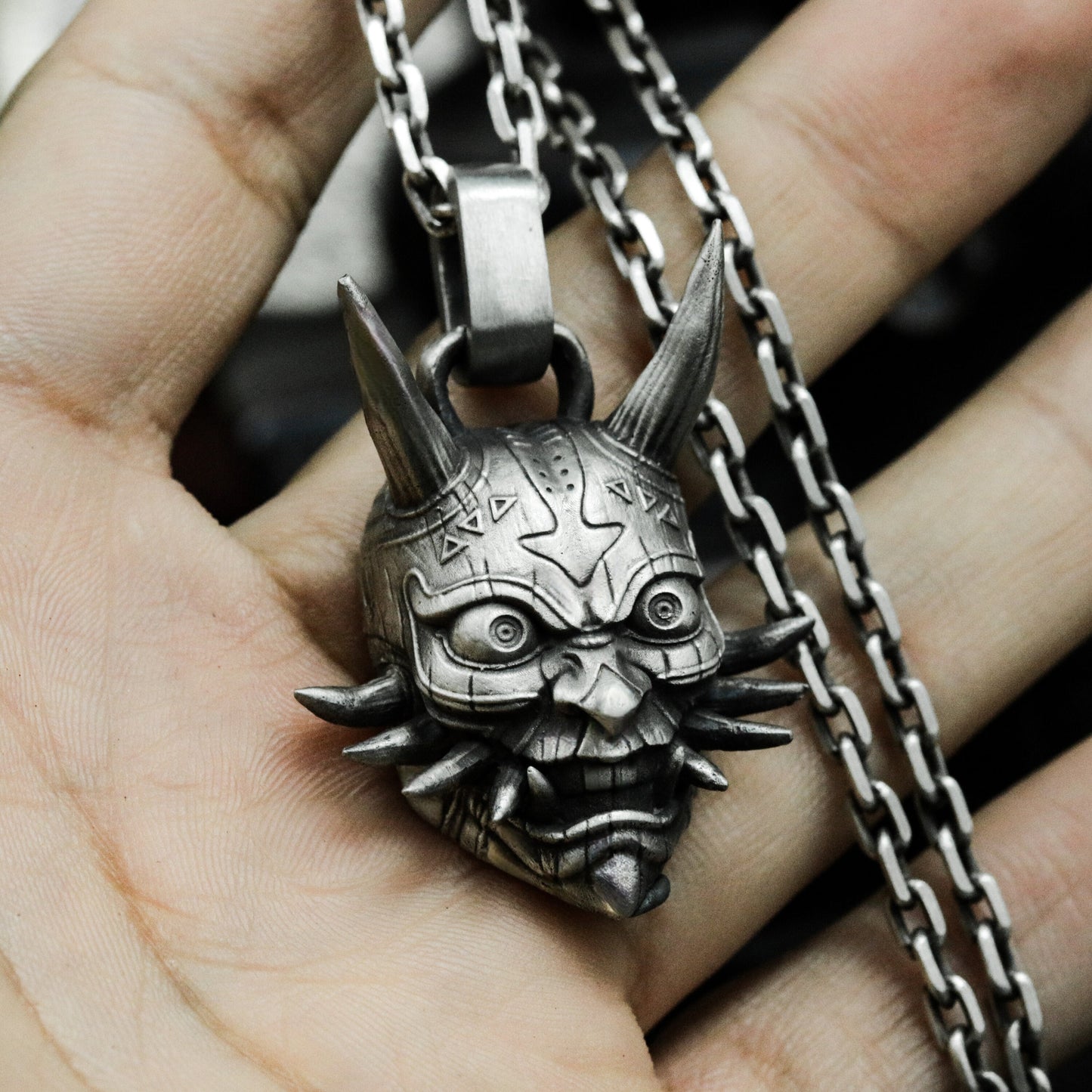 Japanese Evil Spirit Pendant ¨C Handmade 925 Silver Yokai Skull Necklace
