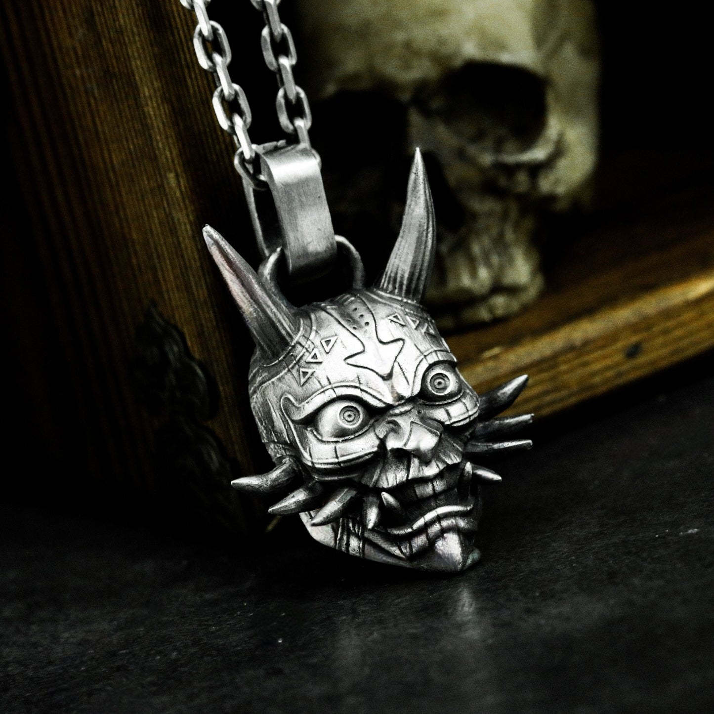 Japanese Evil Spirit Pendant ¨C Handmade 925 Silver Yokai Skull Necklace