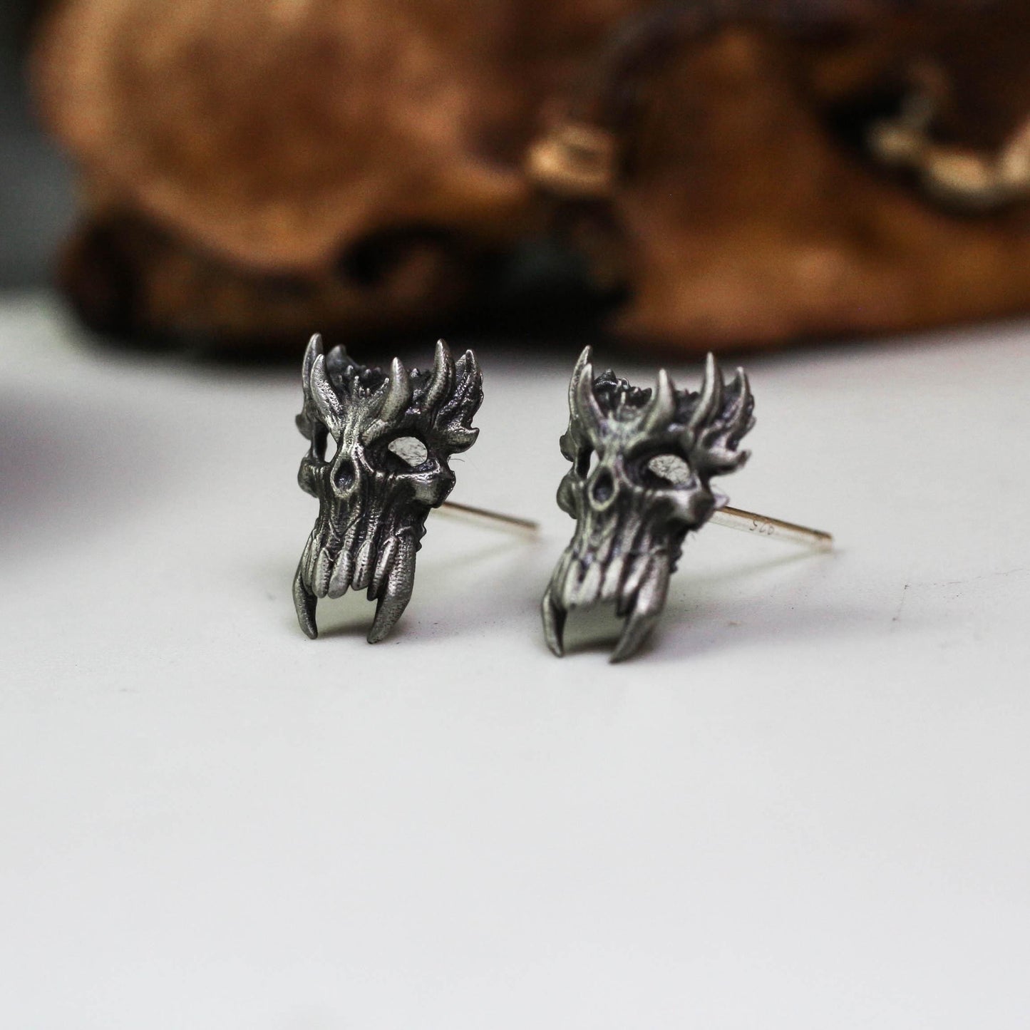 Demonic Skull Stud Earrings - 925 Sterling Silver Handmade