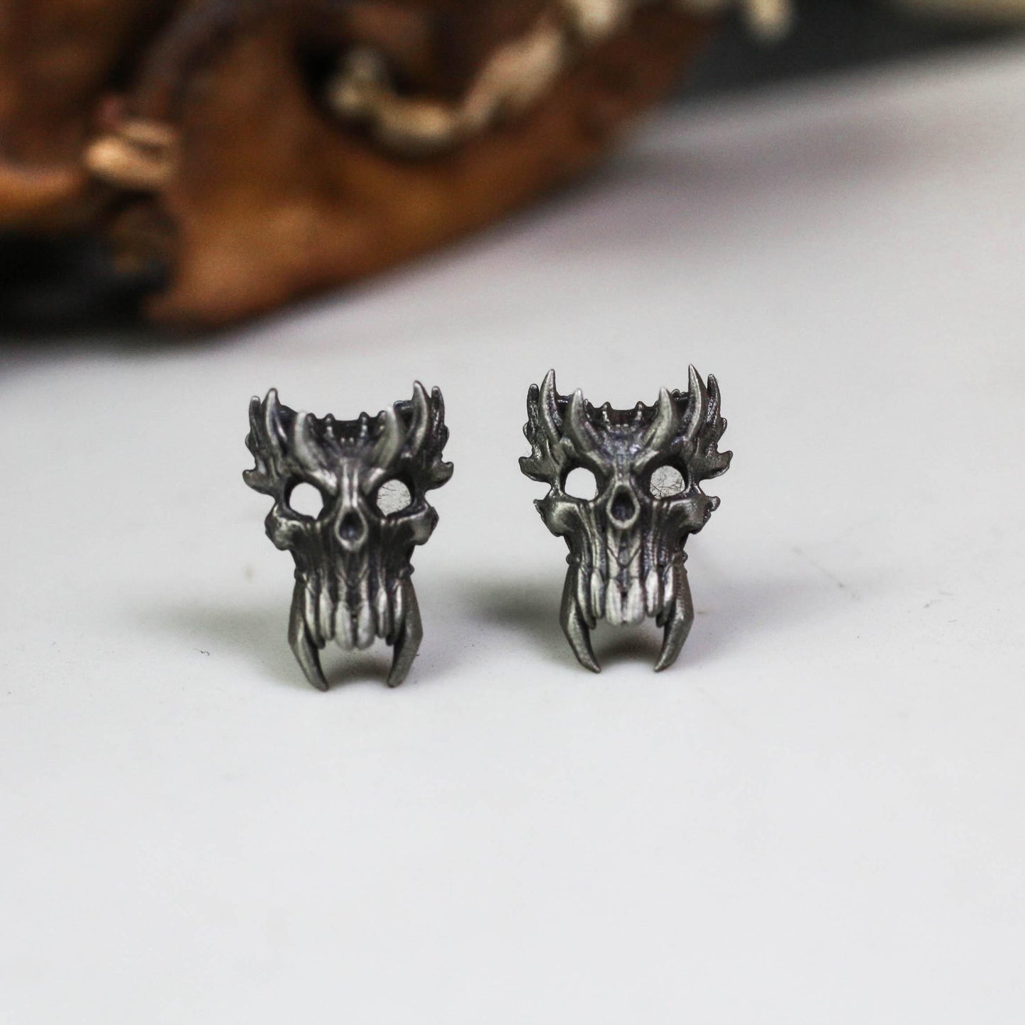 Demonic Skull Stud Earrings - 925 Sterling Silver Handmade