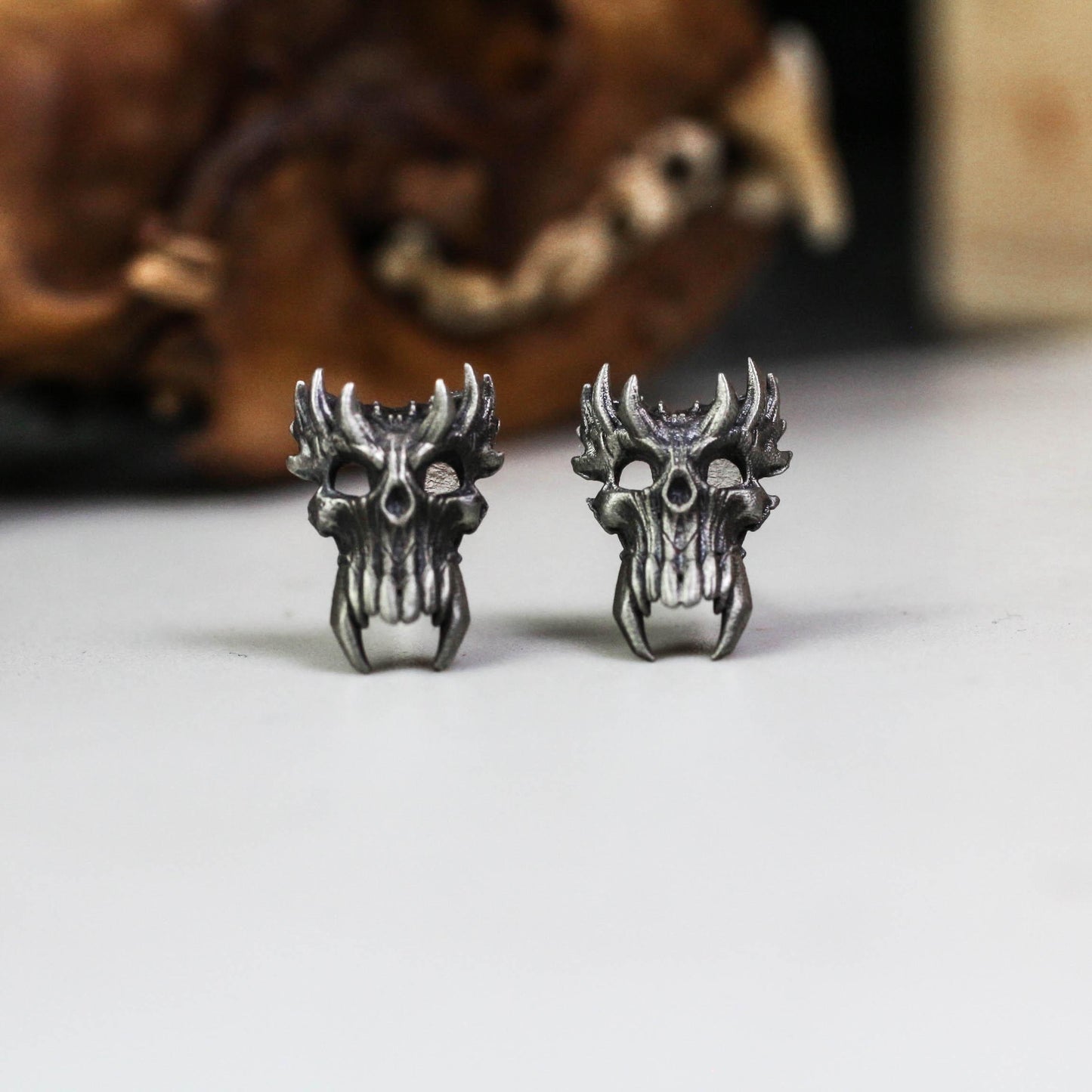 Demonic Skull Stud Earrings - 925 Sterling Silver Handmade
