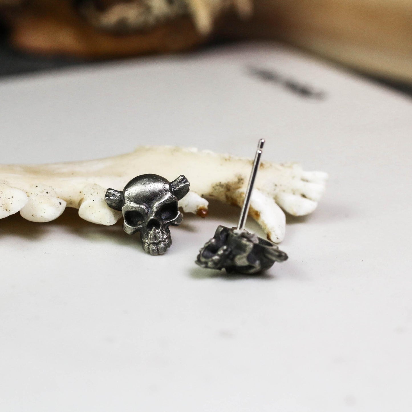 Horned Skull Stud Earrings - 925 Sterling Silver Handmade Gothic Jewelry