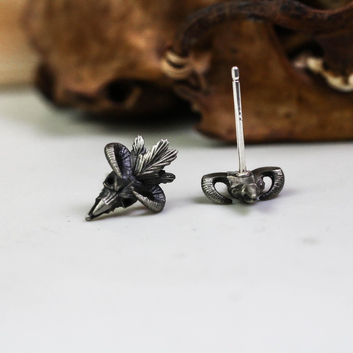 Occult Goat Skull Stud Earrings - 925 Sterling Silver Handmade