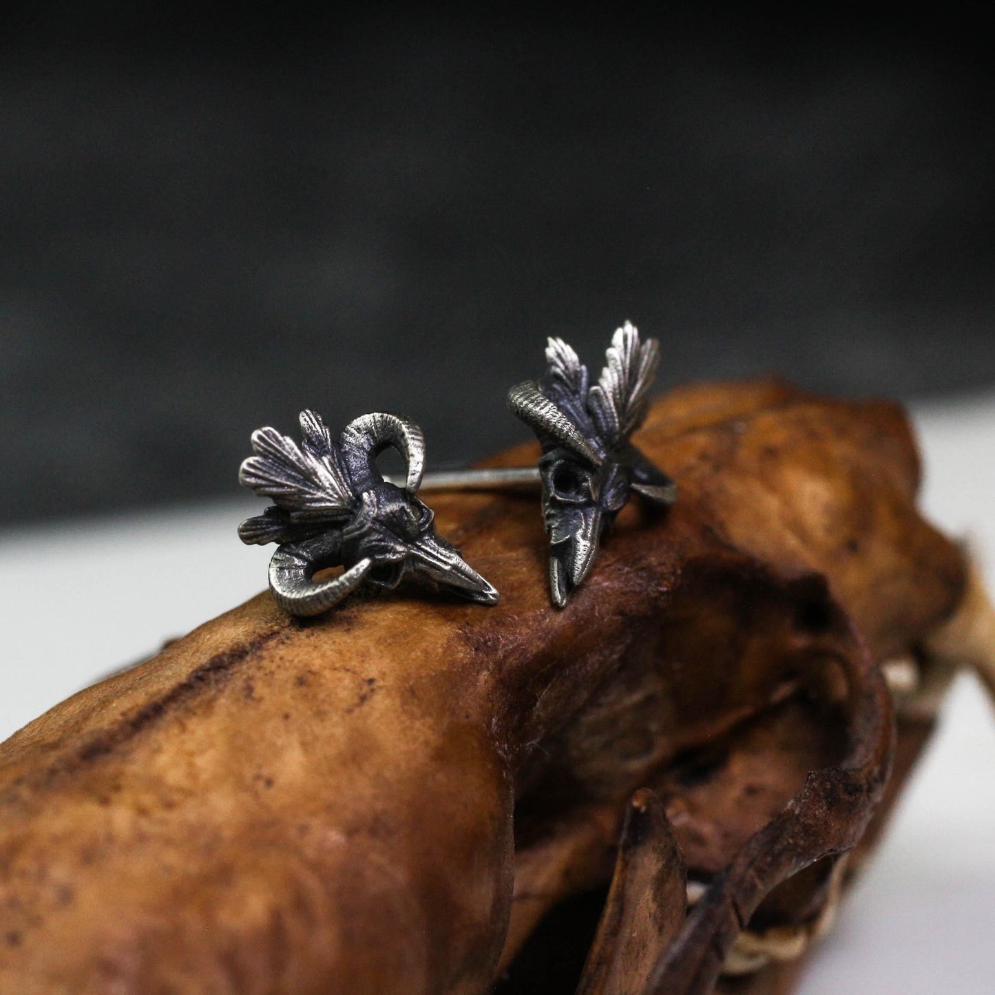 Occult Goat Skull Stud Earrings - 925 Sterling Silver Handmade