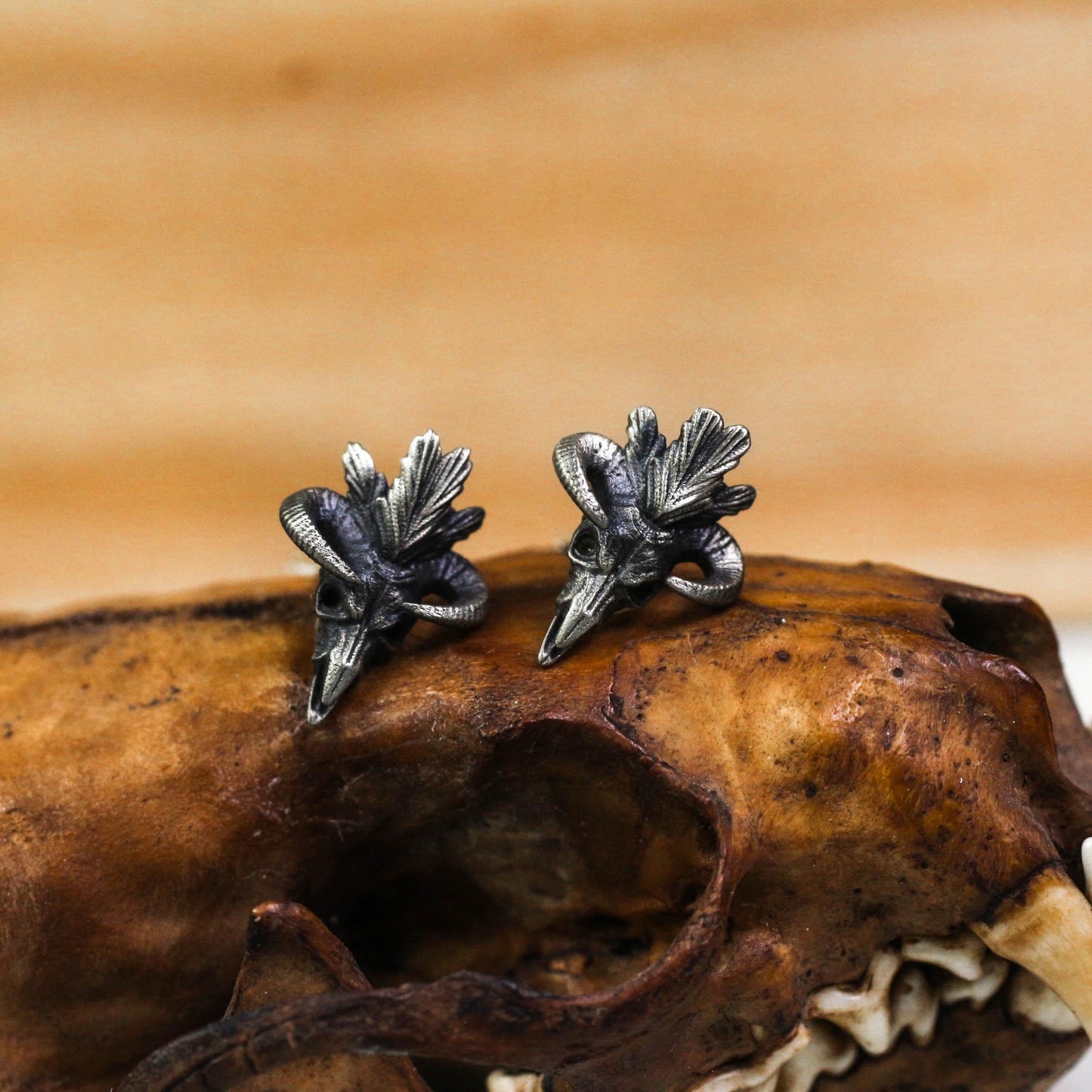 Occult Goat Skull Stud Earrings - 925 Sterling Silver Handmade