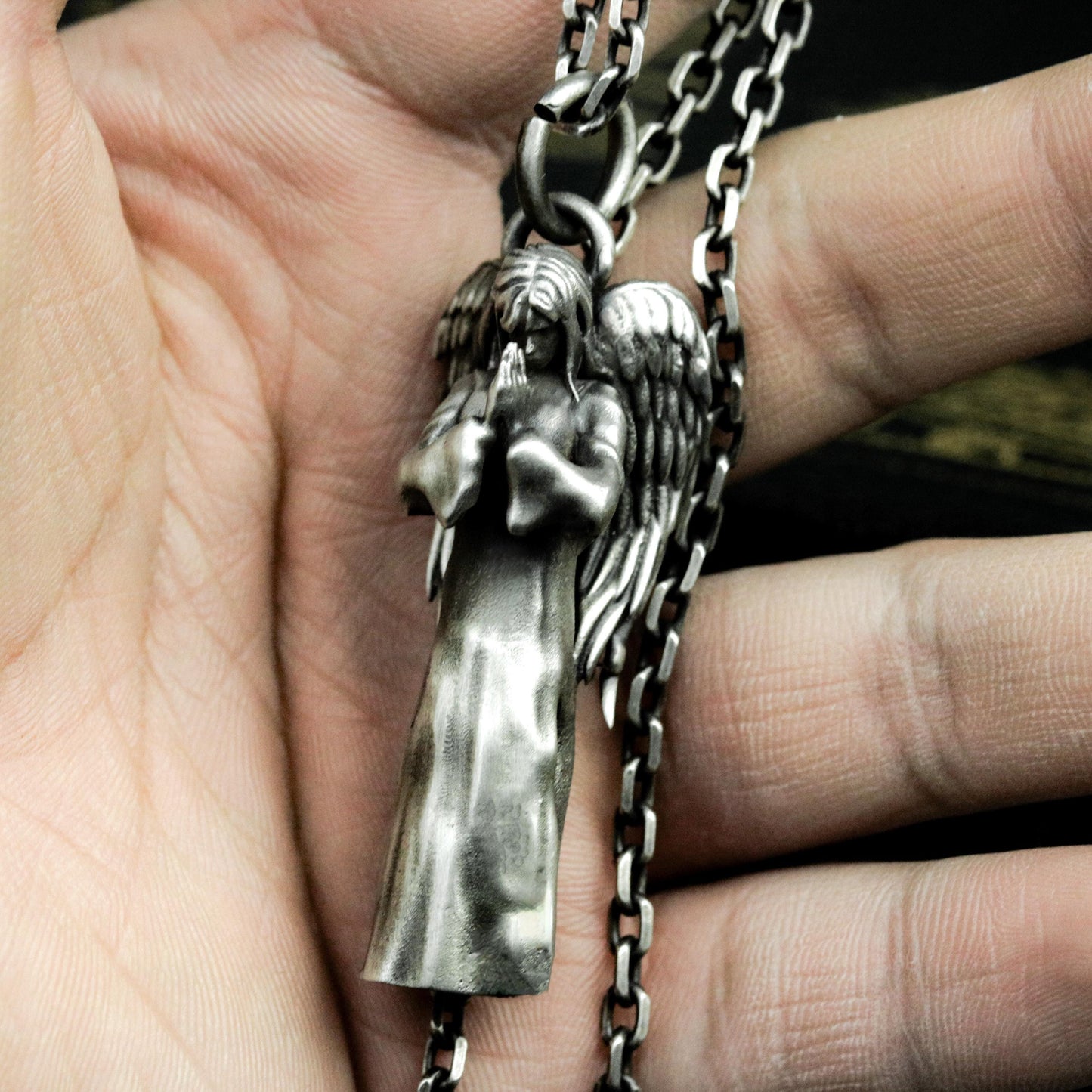 Blindfolded Angel Pendant with Standing Form - 925 Sterling Silver Handmade