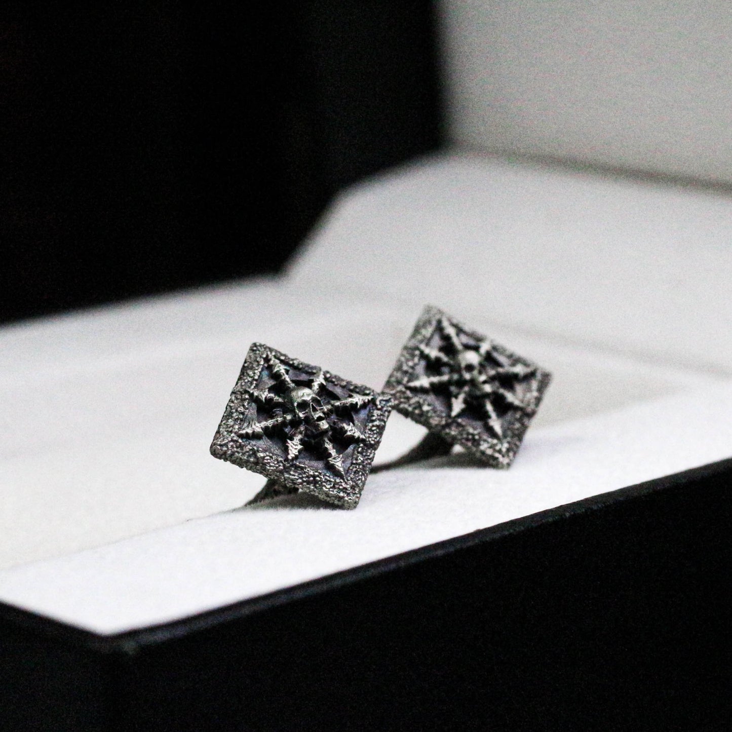Skull and Spikes Square Cufflinks, 925 Silver Handmade