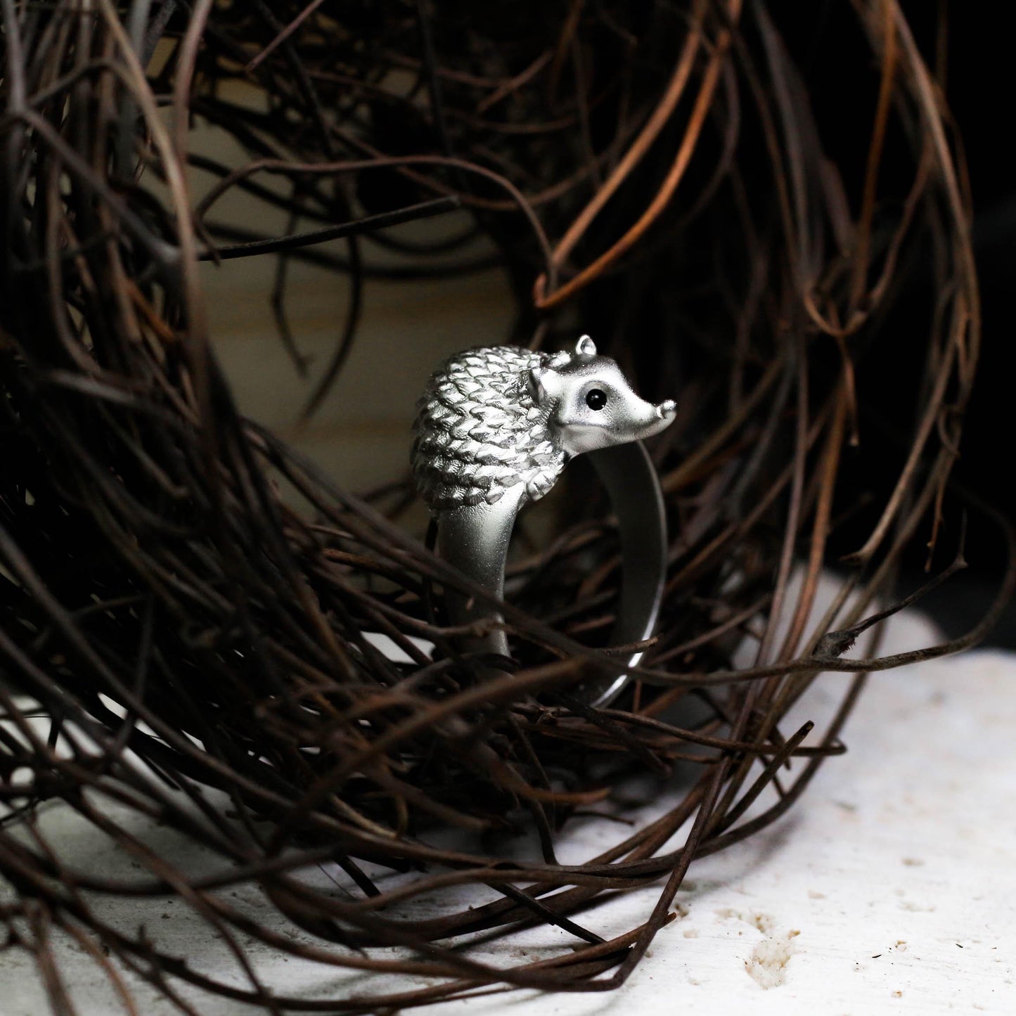 Hedgehog gem-set eye Silver Ring, Pet Jewelry for Girls, Animal Lover Gift