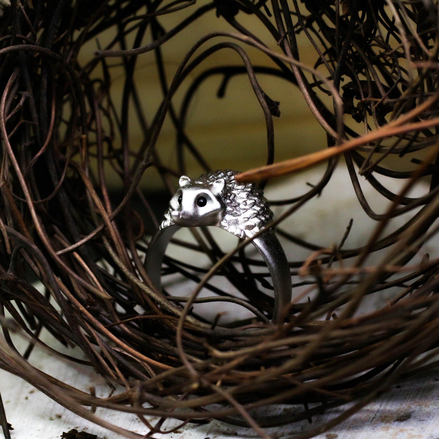 Hedgehog gem-set eye Silver Ring, Pet Jewelry for Girls, Animal Lover Gift