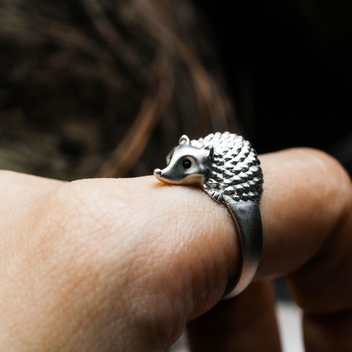 Hedgehog gem-set eye Silver Ring, Pet Jewelry for Girls, Animal Lover Gift