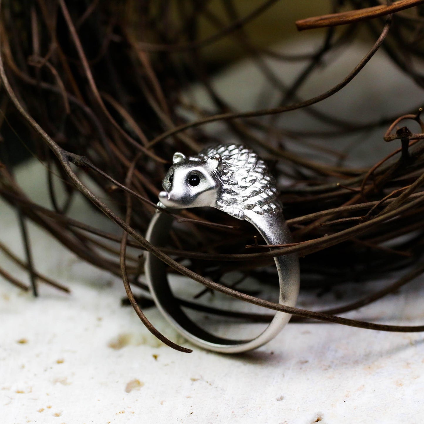 Hedgehog gem-set eye Silver Ring, Pet Jewelry for Girls, Animal Lover Gift