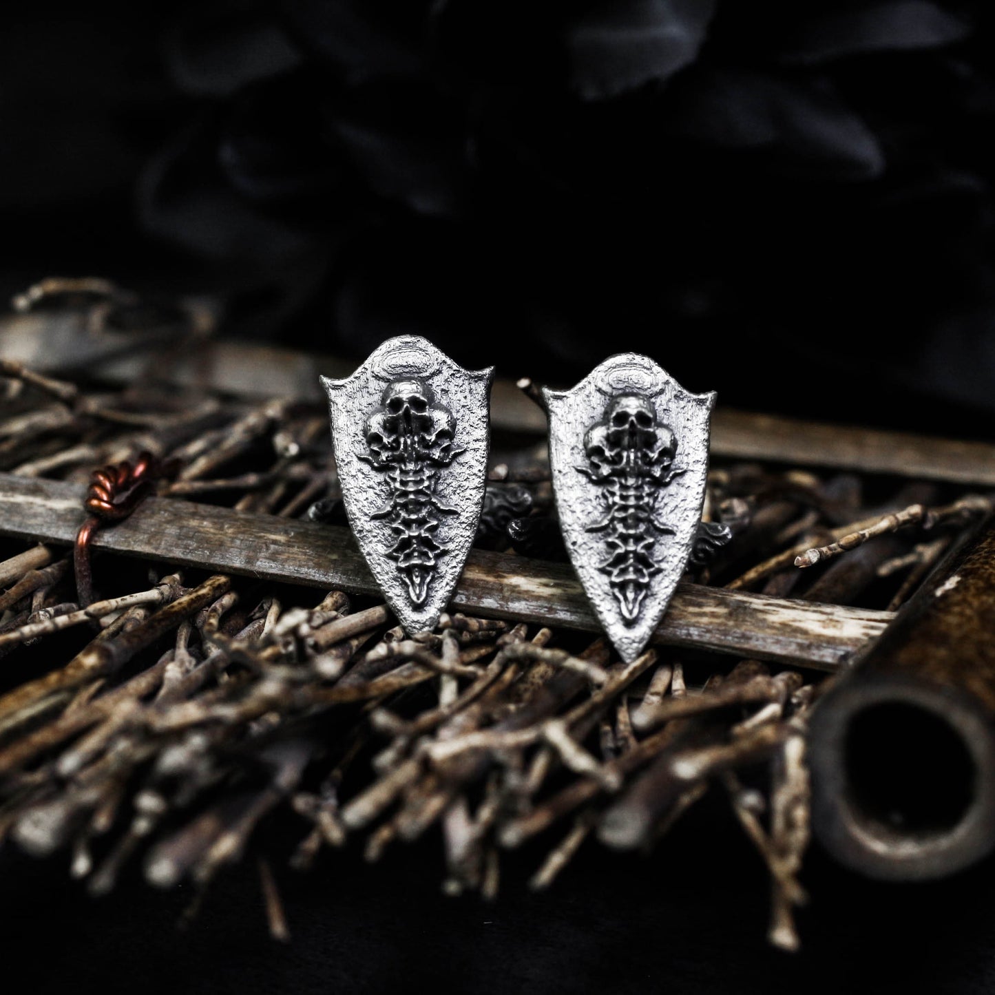 Skeleton Vertebra Shield Cufflinks - Handmade 925 Silver Gothic Wedding