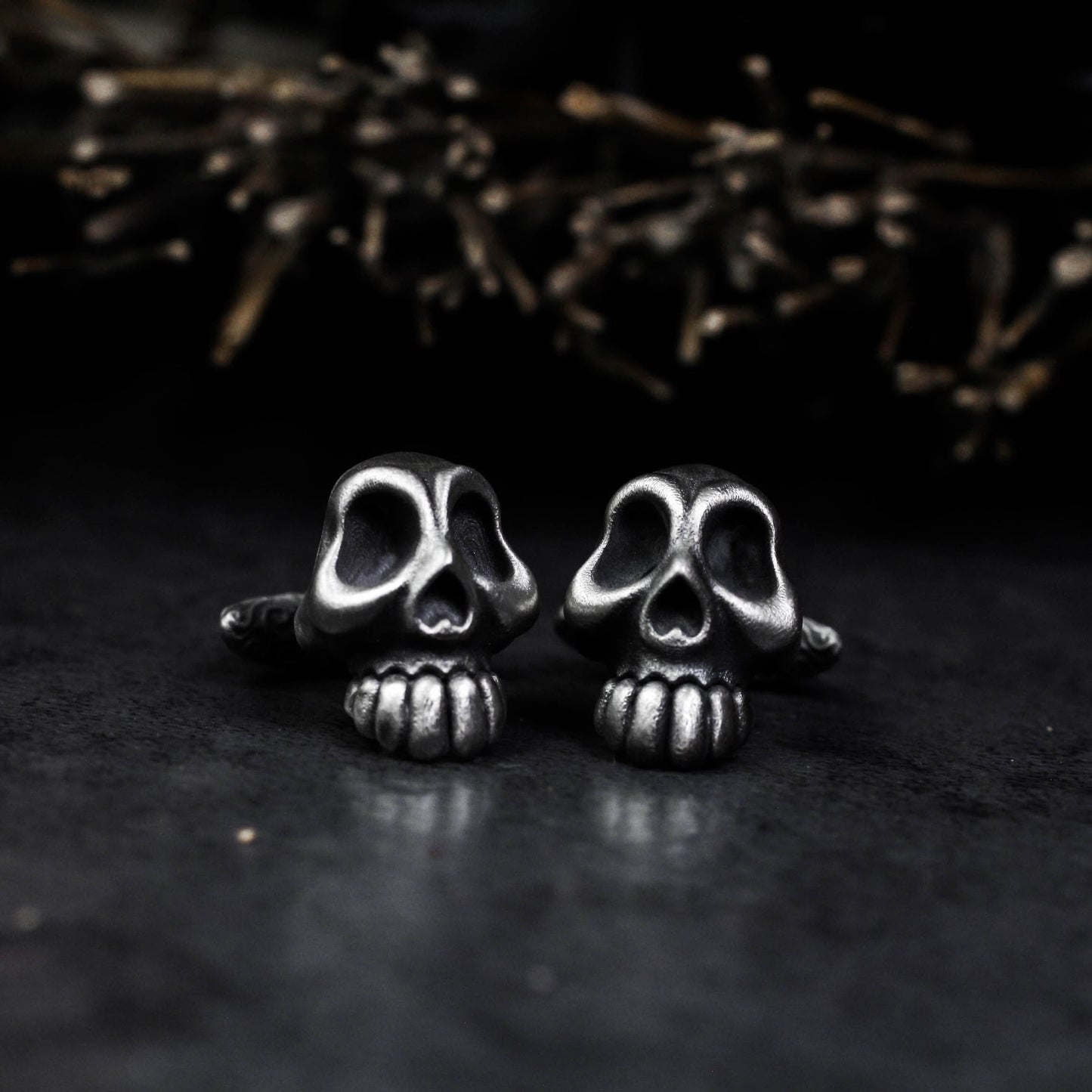Giant Teeth Skull Cufflinks, Rune Carved - 925 Sterling Silver Handmade