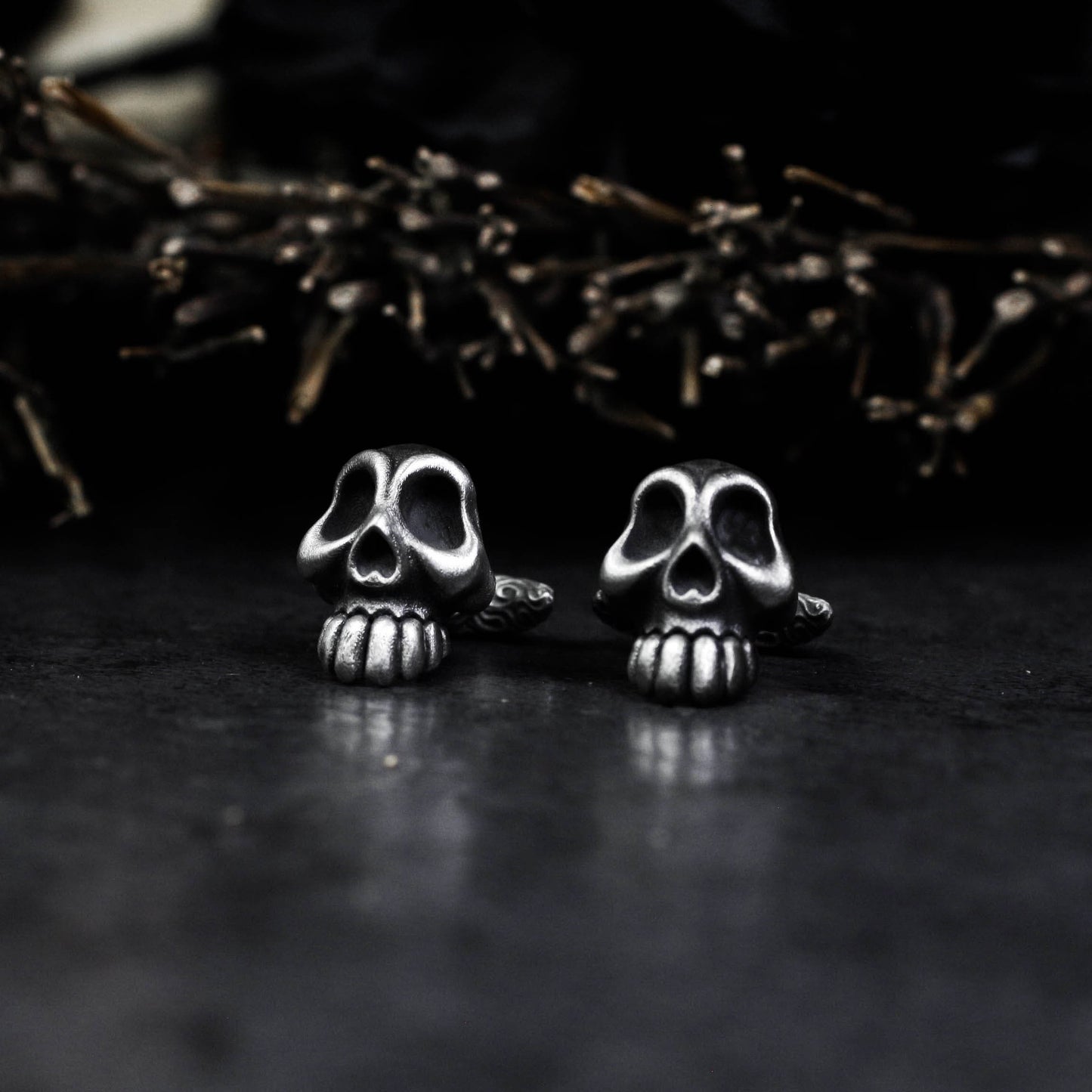 Giant Teeth Skull Cufflinks, Rune Carved - 925 Sterling Silver Handmade