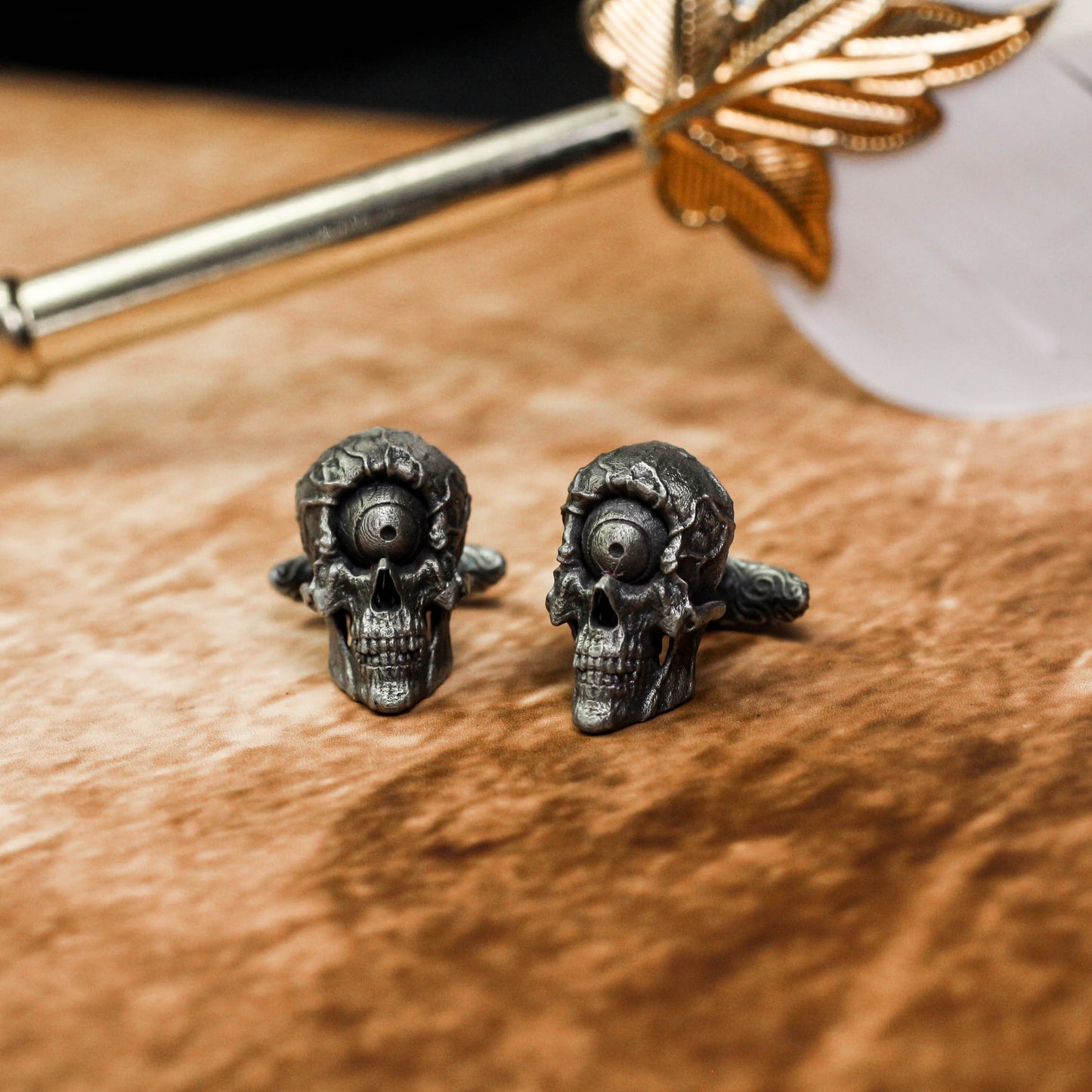 One-Eyed Skull Cufflinks, Scary Big Eyeballs - 925 Sterling Silver Handmade