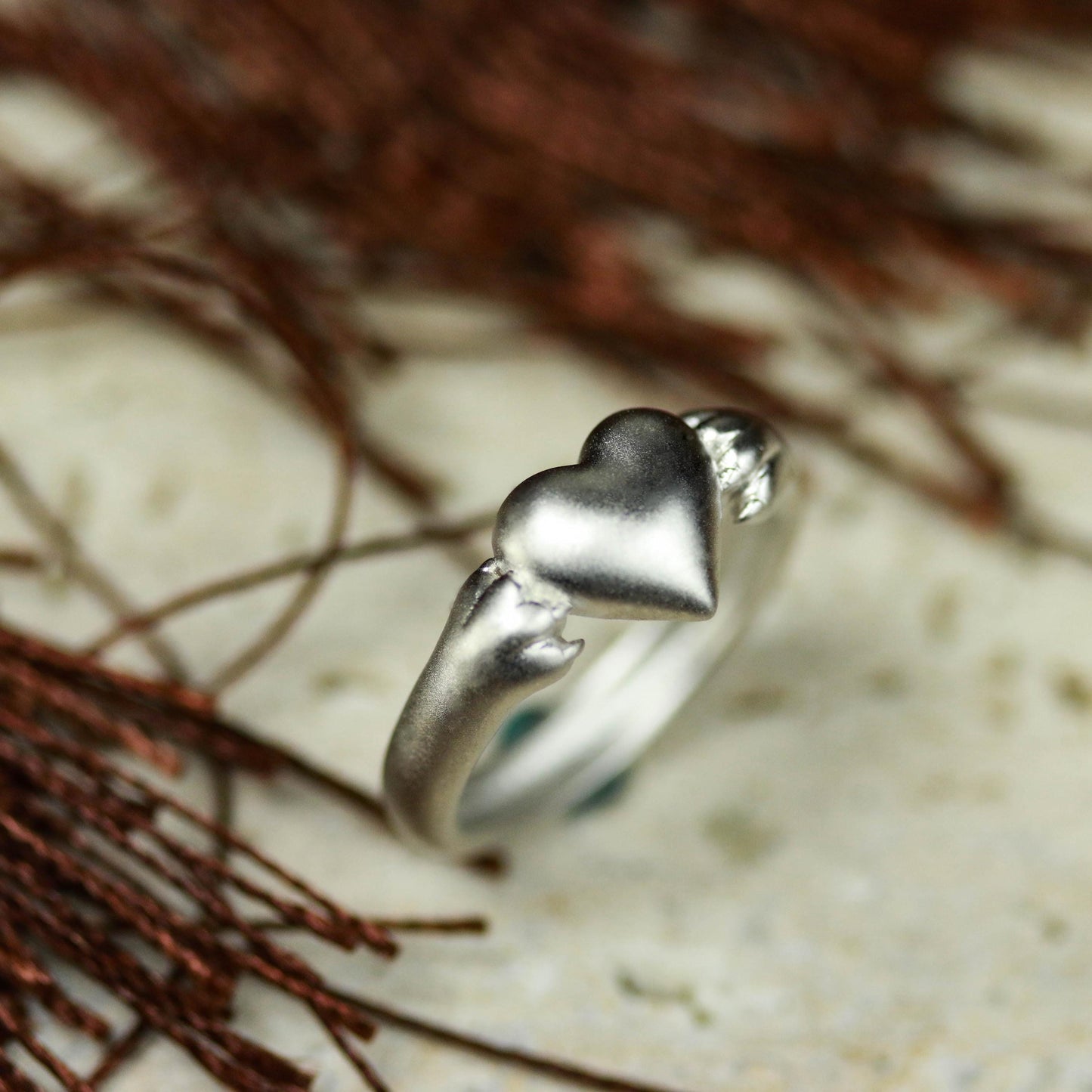 Heart Hug Ring with Paws ââ‚?925 Sterling Silver Handmade Animal-Inspired Jewelry