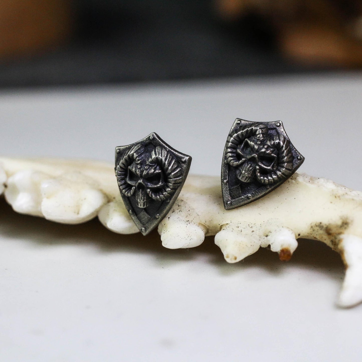 Ram Skull Shield Earrings - 925 Sterling Silver Handmade