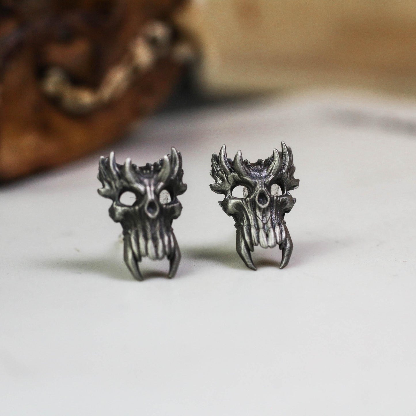 Demonic Skull Stud Earrings - 925 Sterling Silver Handmade