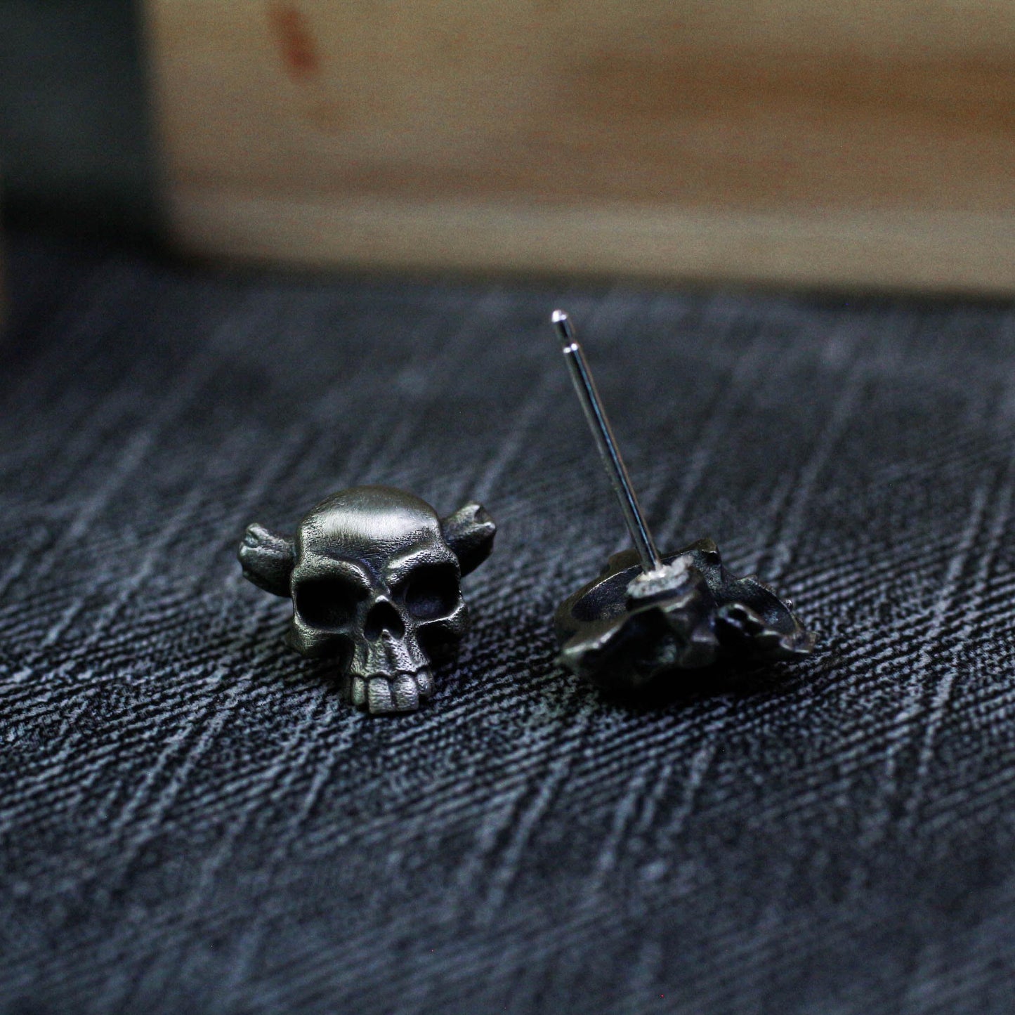 Horned Skull Stud Earrings - 925 Sterling Silver Handmade Gothic Jewelry
