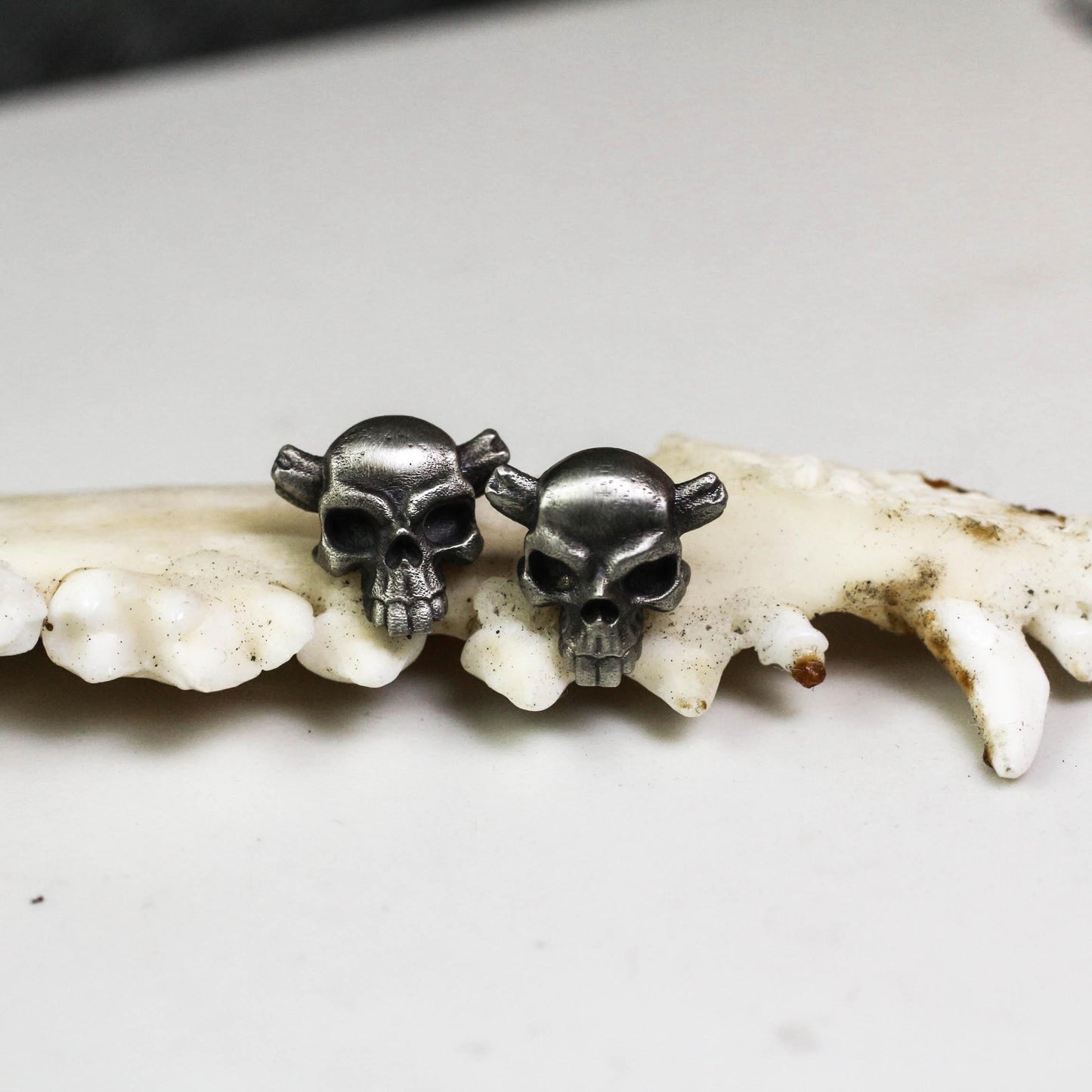 Horned Skull Stud Earrings - 925 Sterling Silver Handmade Gothic Jewelry