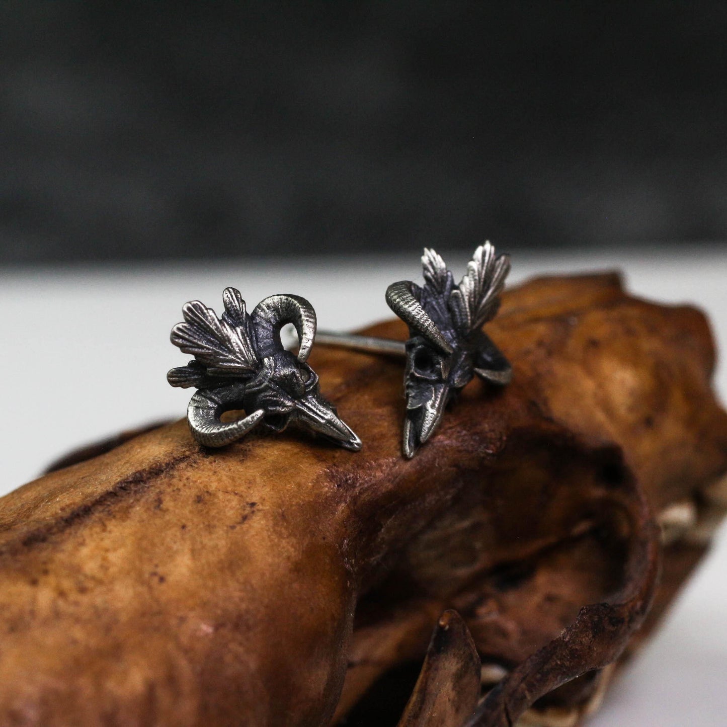 Occult Goat Skull Stud Earrings - 925 Sterling Silver Handmade
